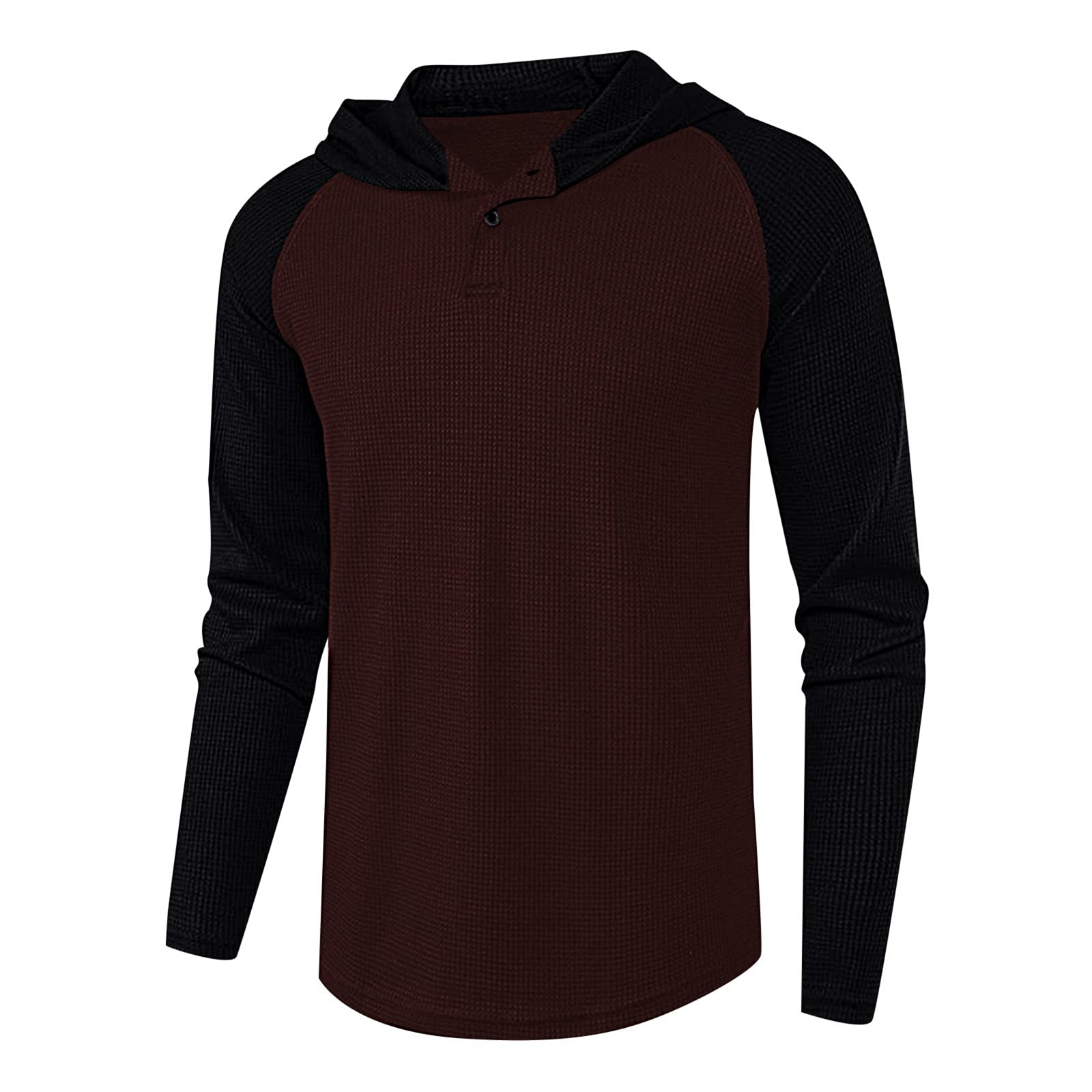 XXBR Men's Waffle Knit Henley Shirt - Fall Button-Up Hooded Patchwork Long Sleeve Casual Tee | Comfortable Loose Fit Top for Autumn Outings, Camping & Weekend Wear