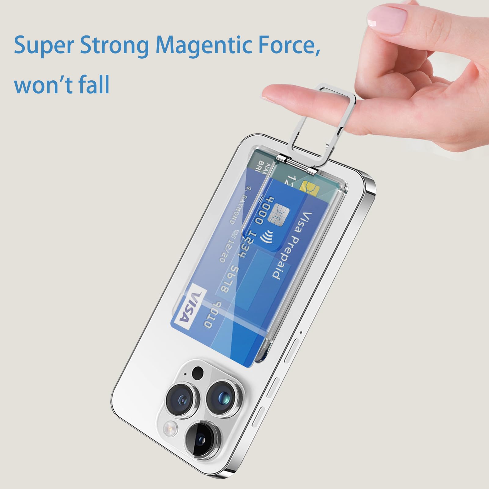 Magnetic Card Holder for iPhone 15/14/13/12 Pro Max - Magsafe Compatible Phone Wallet with Metal Stand & Clear Design (Silver) - Perfect for Hands-Free Viewing & Secure Card Storage