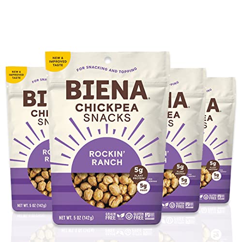 BIENA Chickpea Snacks - Rockin' Ranch Flavor, 5oz Bags (Pack of 4) | Crunchy Vegan Protein Snacks for Kids & Adults | Perfect for Lunchboxes, Road Trips & Healthy On-the-Go Snacking