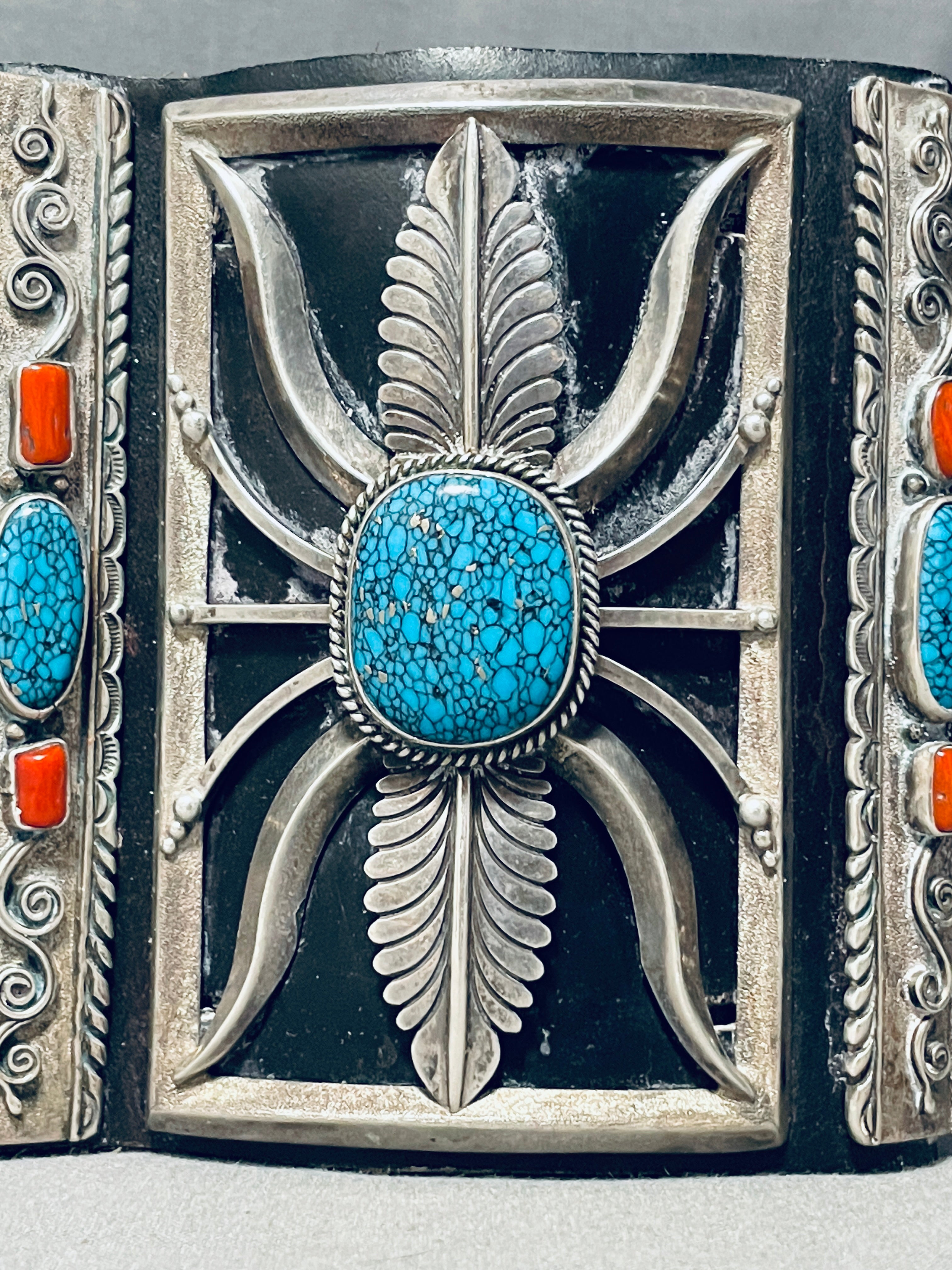 105 Grams Vintage Navajo Spiderweb Turquoise Sterling Silver Coral Ketoh Bracelet - Handmade Native American Jewelry for Boho Fashion & Southwest Style Accessories