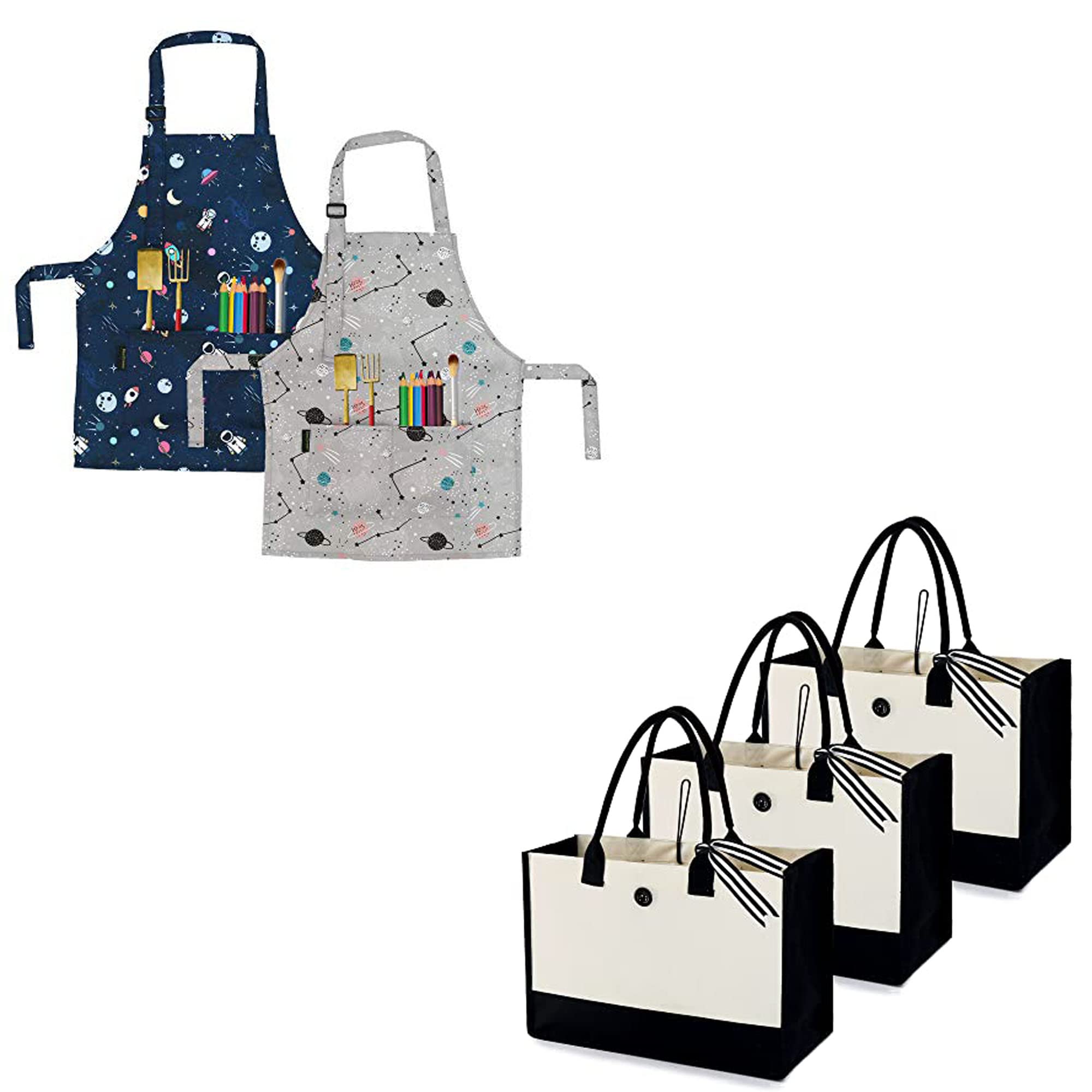 BeeGreen 2 Pack Kids Cooking Aprons with Adjustable Straps - Chef Apron Set with Matching Canvas Tote Bag - Bulk Personalized Kitchen Gifts for Women & Girls - Perfect for Baking, Cooking Classes & Birthday Parties