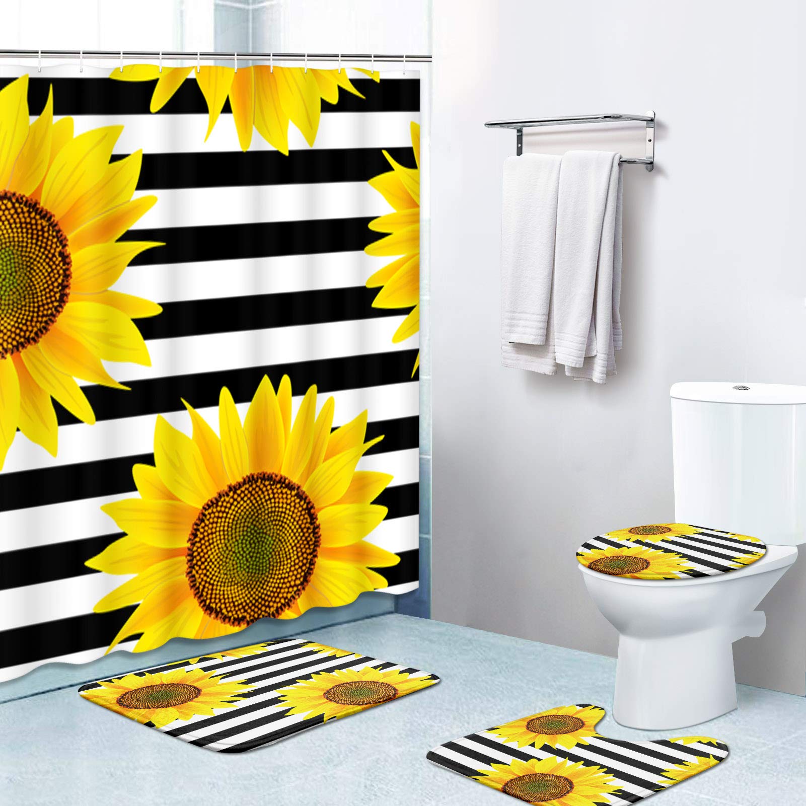 Britimes 4-Piece Shower Curtain Set with 12 Hooks - Black Striped Sunflower Design, Non-Slip Bath Mat, Toilet Lid Cover & Waterproof Bathroom Decor (72