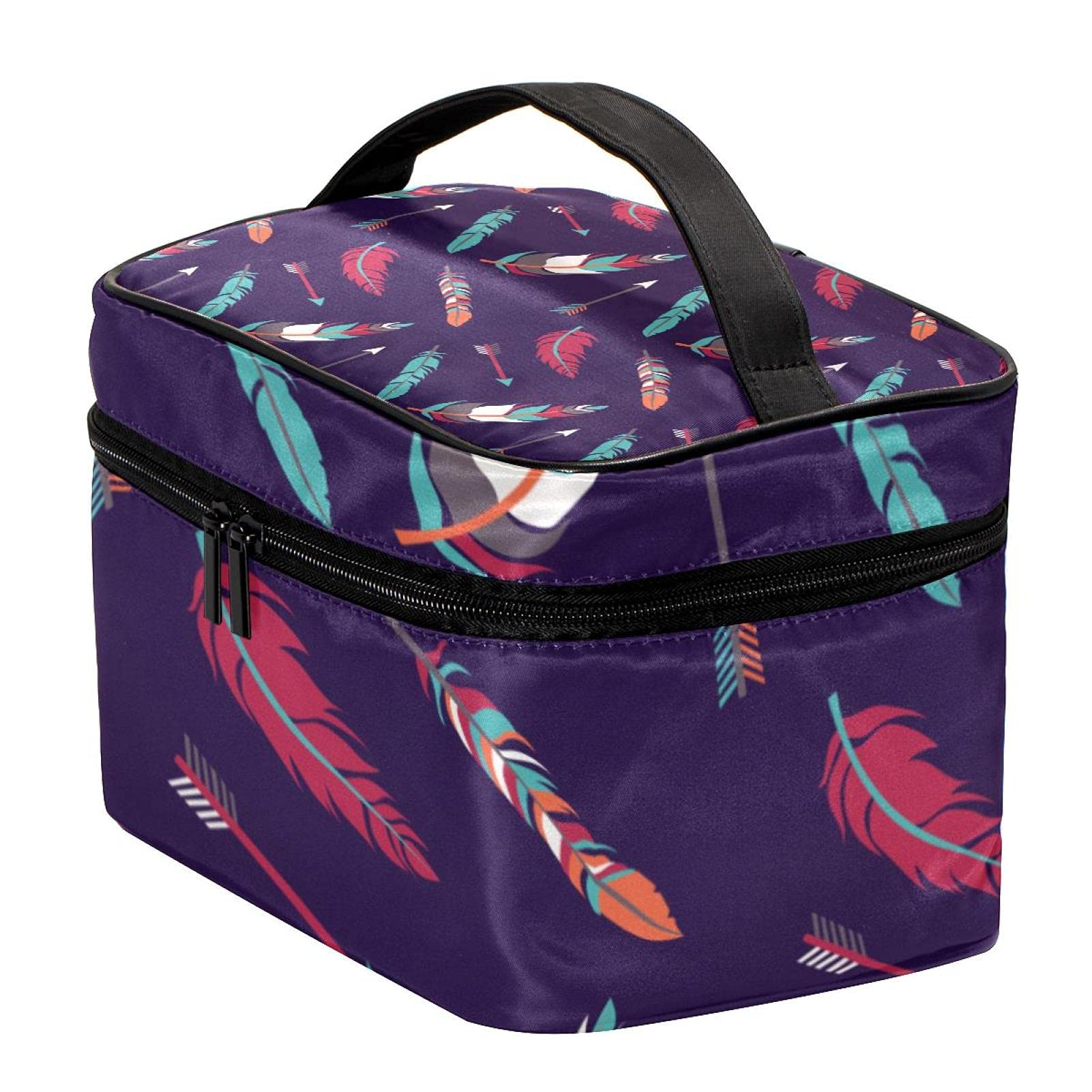 Boho Feather & Arrow Print Large Travel Makeup Bag - Waterproof Cosmetic Organizer with Zipper for Women & Girls | Perfect for Vacation, Gym, Beach Essentials Storage