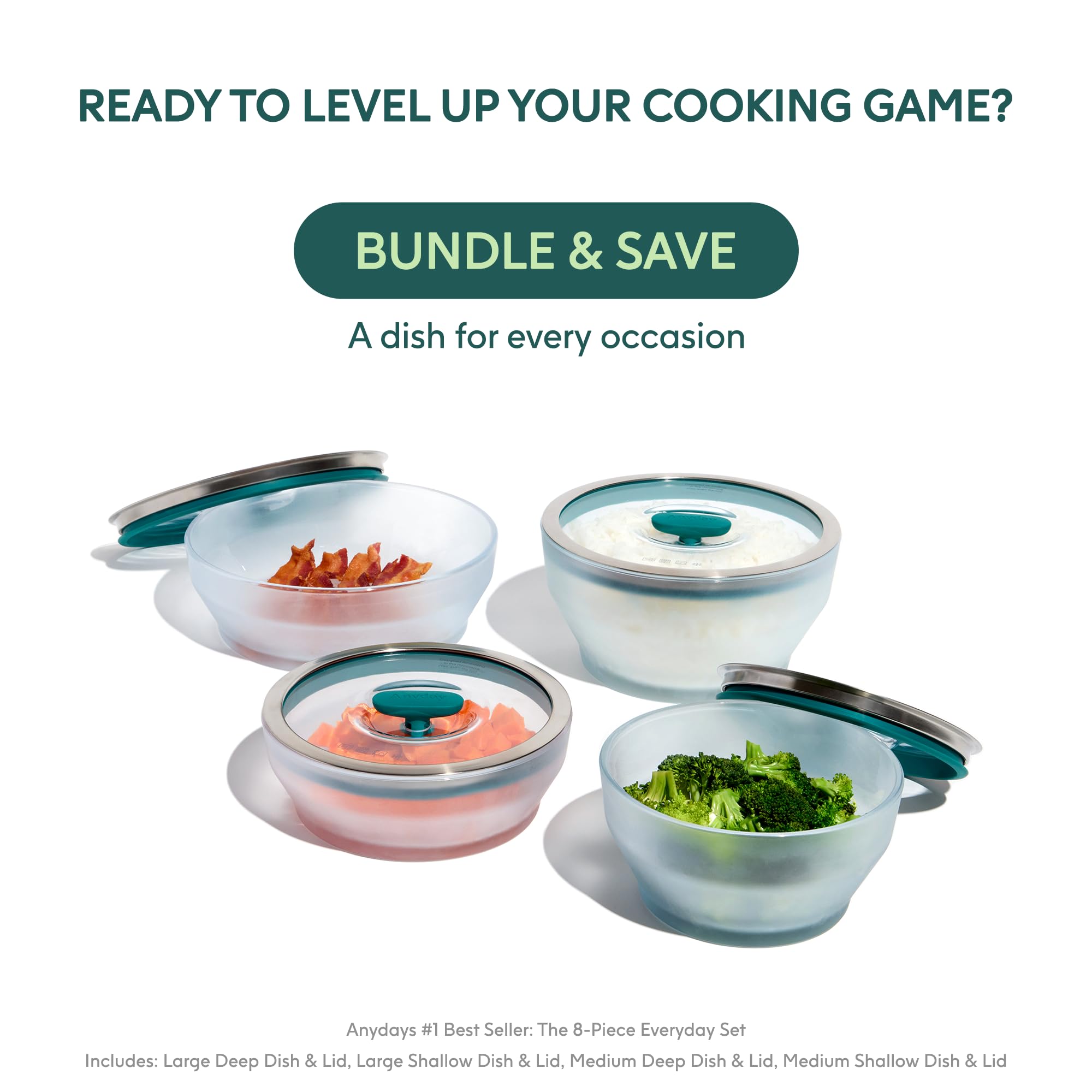 Anyday Plastic-Free Microwave Safe Glass Cookware Set - 2 Small Glass Containers with Lids for Steaming, Roasting, Serving & Food Storage (5.5