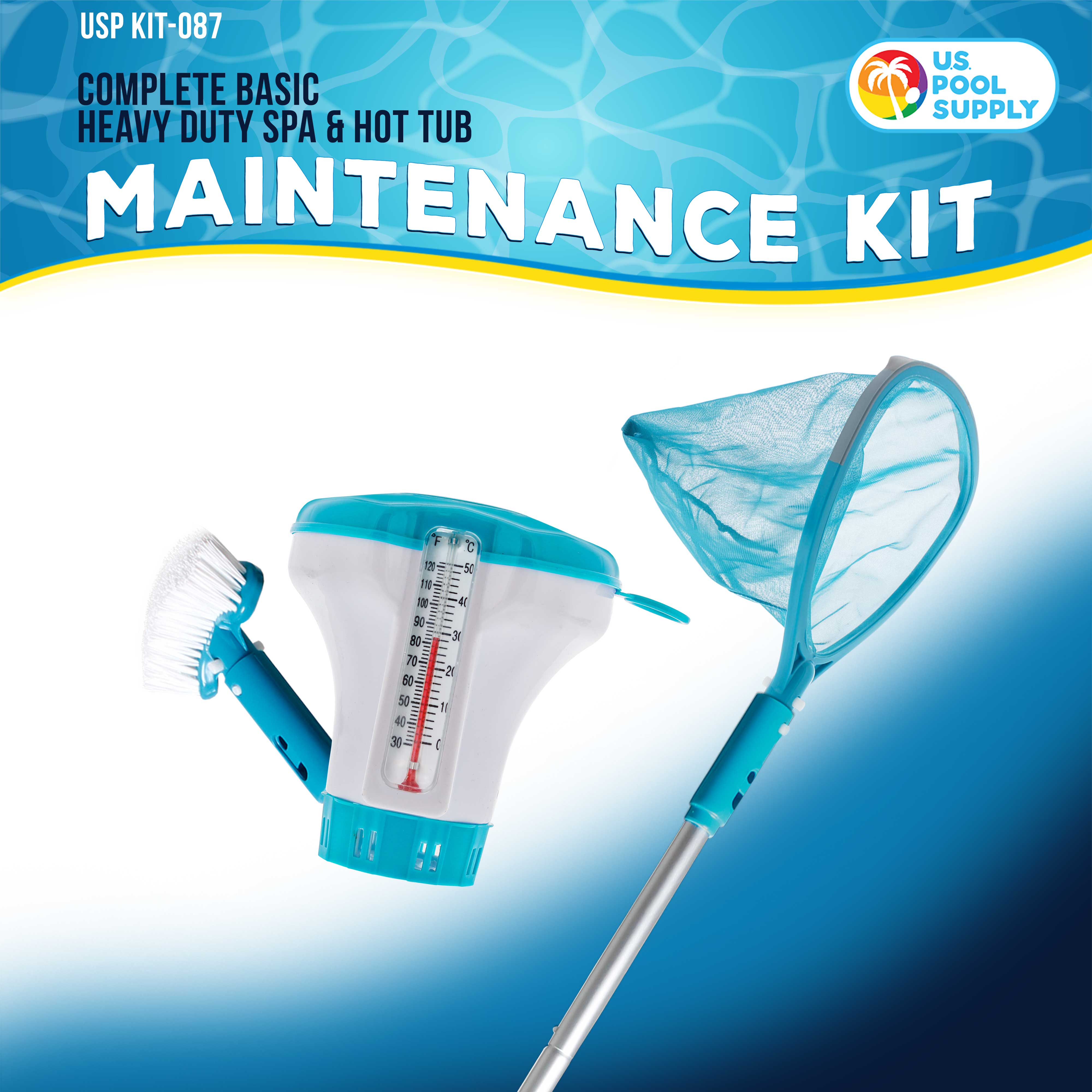 Heavy Duty Spa & Hot Tub Cleaning Kit - Skimmer Net, Fine Mesh Net, Scrub Brush, 4ft Pole & Floating Chlorine Dispenser for Pool, Pond Maintenance | Perfect for Backyard, Patio & Commercial Use