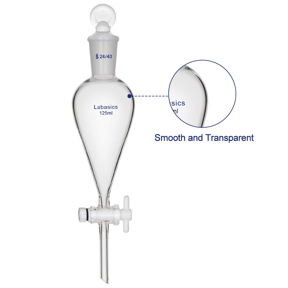 Labasics 125ml Borosilicate Glass Conical Separatory Funnel with PTFE Stopcock - 125mL Lab Equipment for Chemical Extraction, Liquid Separation & Organic Chemistry Experiments