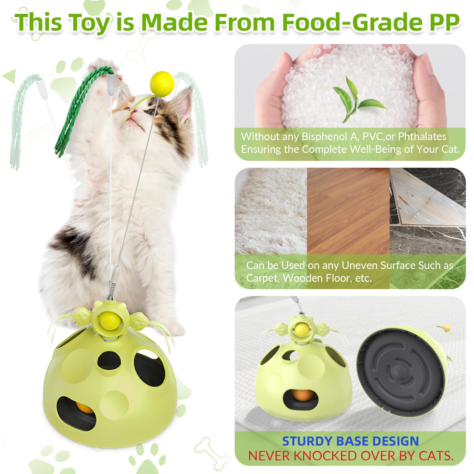 Interactive Cat Toys for Indoor Cats - Kitten Wand Toy with Funny Balls, Slow Feeder Food Puzzle & Treat Dispenser - Rotation Hole-Digging Games for Mental Stimulation - Perfect Birthday Gift for Playful Kitties (Green, Large) - Great for Solo Play, Bonding Time & Reducing Boredom in Small Spaces