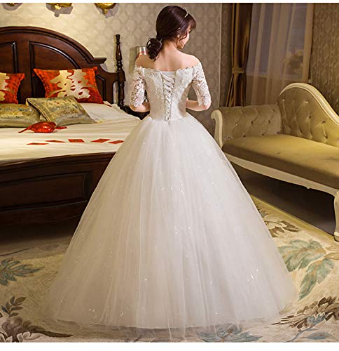 Elegant Off-Shoulder Lace Applique Beaded Wedding Dress with Half Sleeves - White Bridal Gown Size US16 for Romantic Ceremonies & Beach Weddings