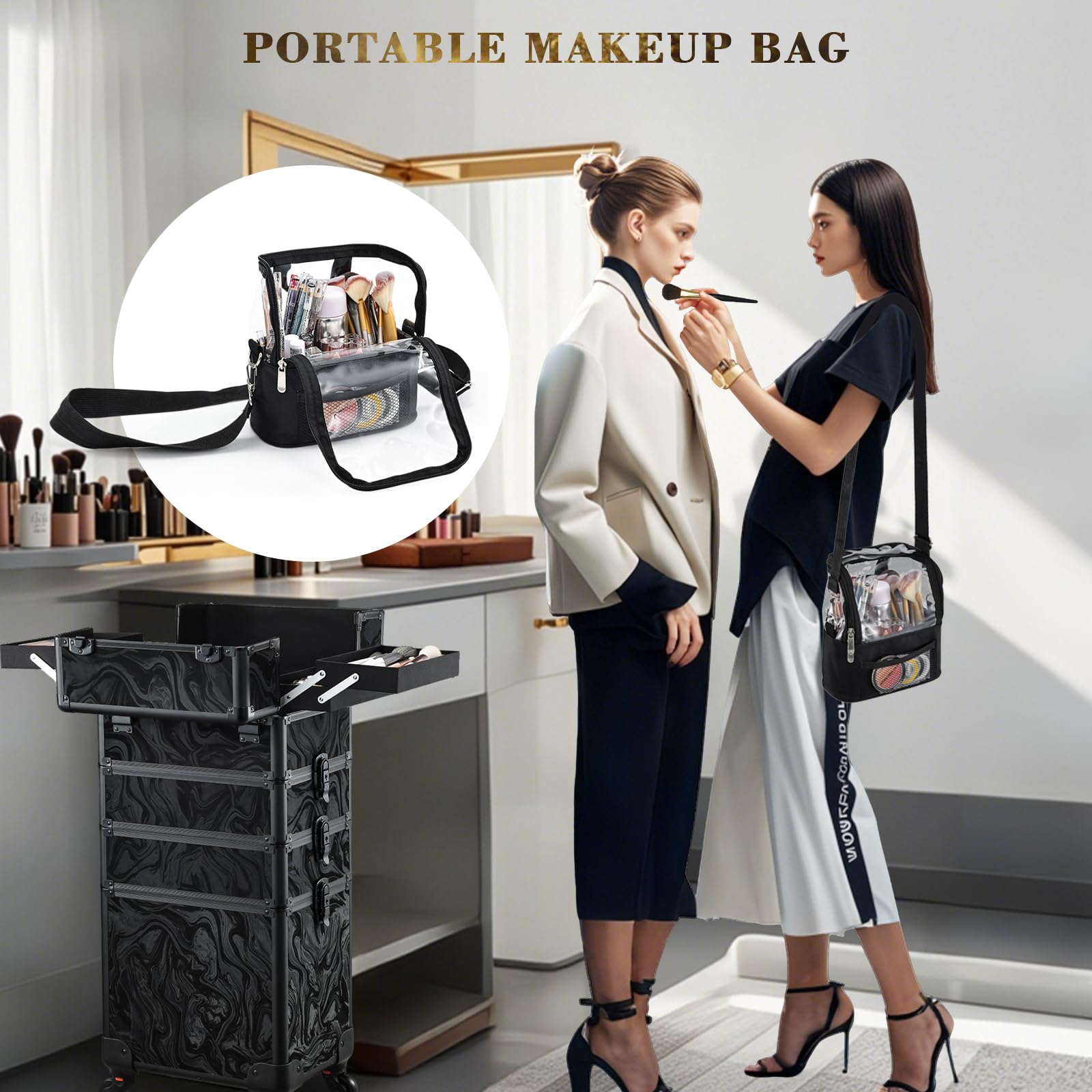 Stagiant 4-in-1 Rolling Makeup Case with Cosmetic Bag & Swivel Wheels - Professional Salon Barber Travel Cart Trolley (Alpine Black) for Mobile Beauty Services, Makeup Artists & Cosmetologists