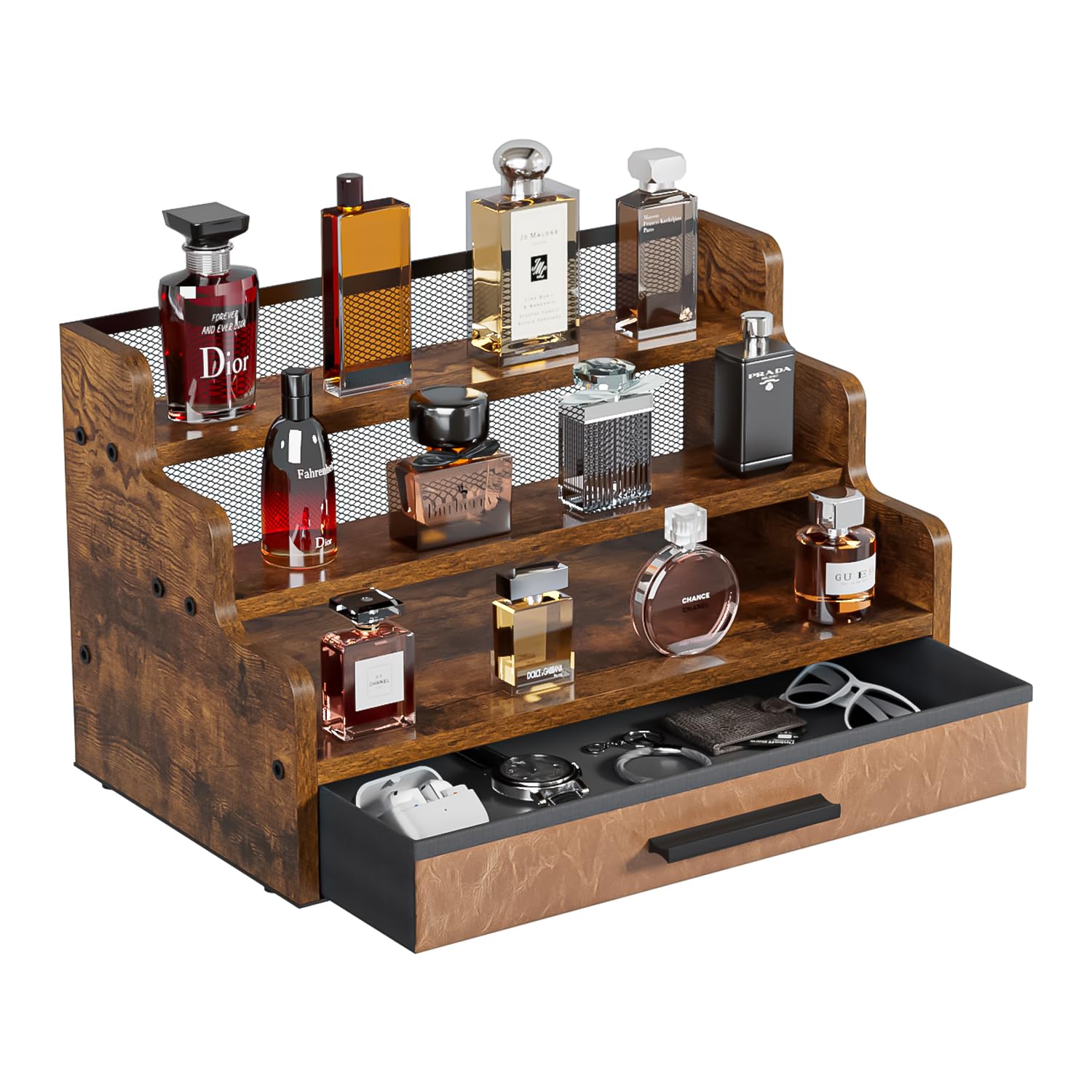 3 Tier Wooden Perfume Organizer with Drawer - Vintage Cologne Display Stand for Men & Women - Rustic Brown Makeup & Skincare Shelf Organizer - Perfect for Bathroom, Dresser, Vanity & Bedroom Decor