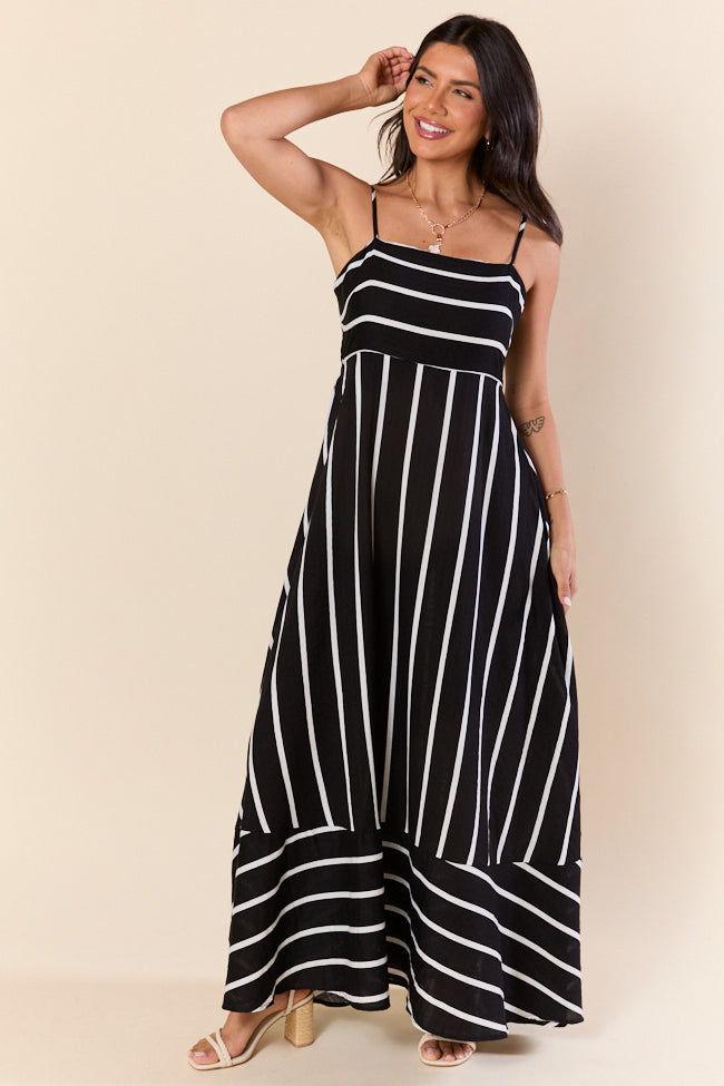 Black and White Striped Maxi Dress for Women - Flowy Beach Cover Up, Summer Vacation Dress, Boho Chic Outfit for Pool Party, Yacht Trip & Seaside Getaway