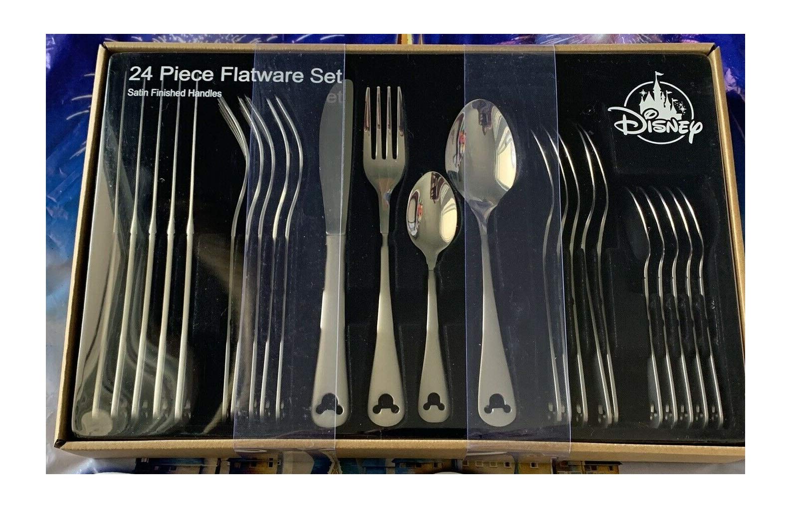 Disney Parks Mickey Mouse Icon Silhouette 24-Piece Flatware Set - Satin Finish Silverware for Dining, Parties, and Disney-Themed Events