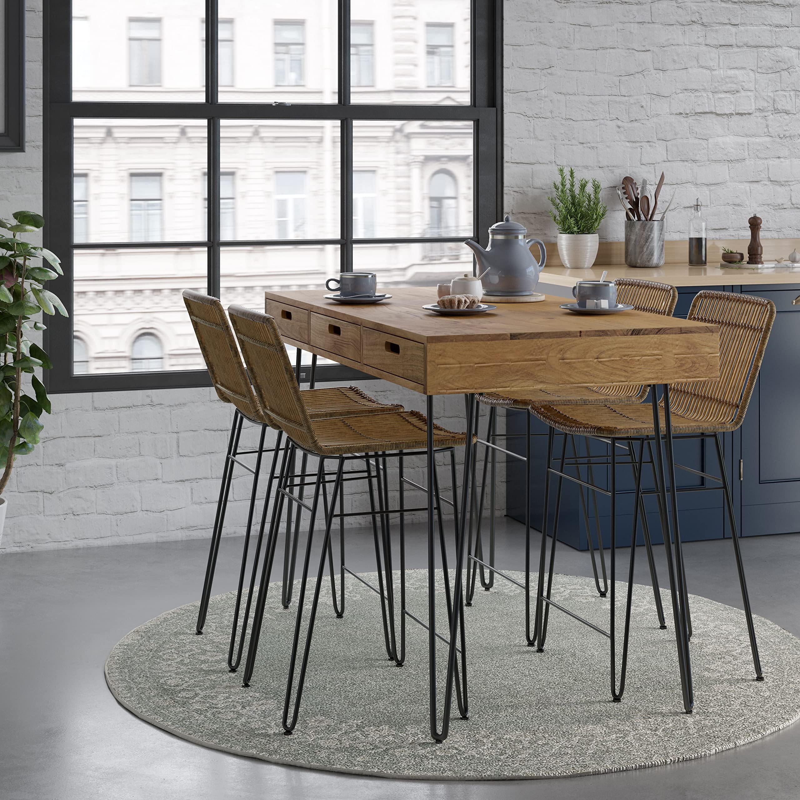 Rollins Solid Hardwood Modern Counter Dining Table with Storage - Stylish Kitchen Island & Breakfast Bar for Small Spaces, Perfect for Apartments and Open-Concept Homes