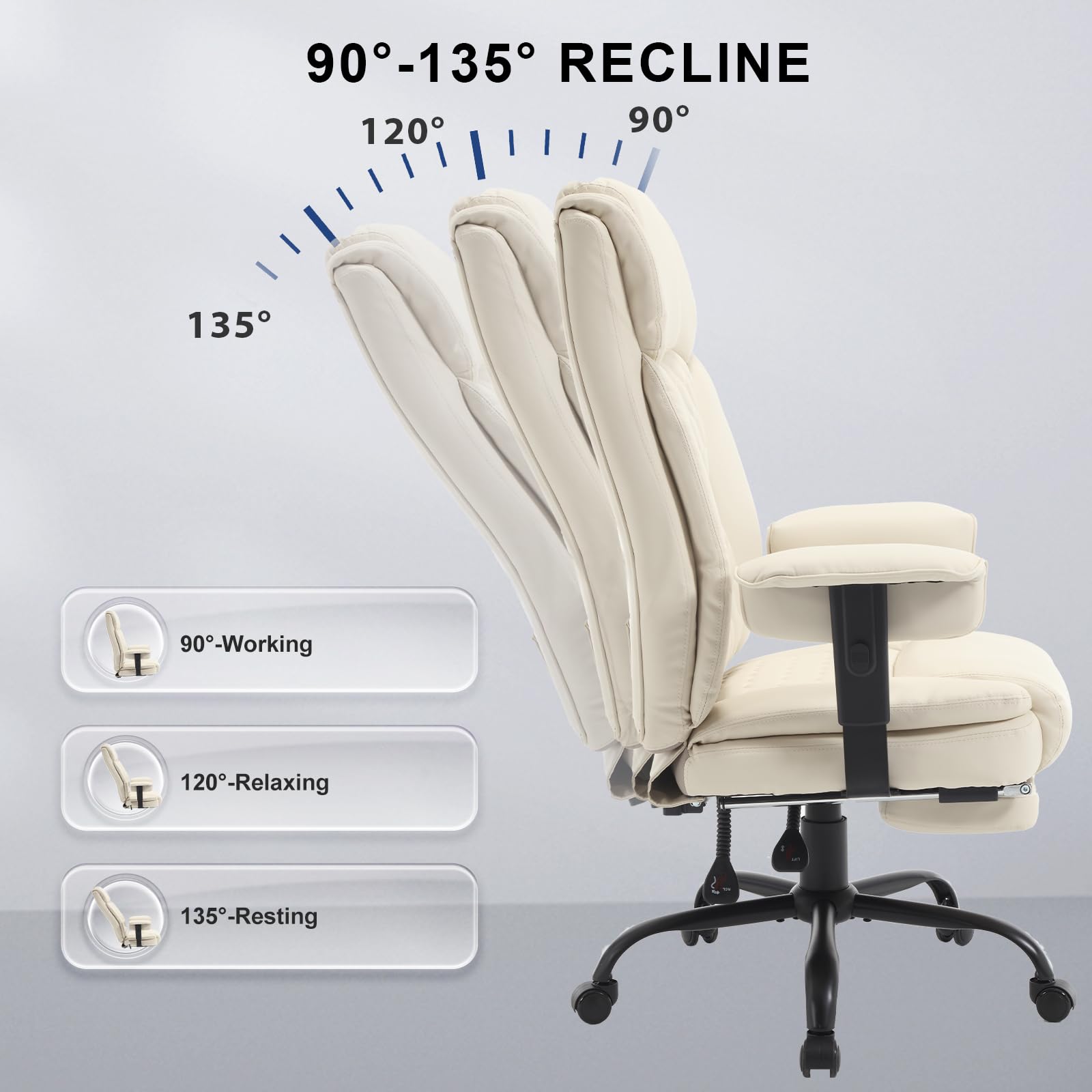 Heavy Duty Big and Tall Office Chair 400LBS Capacity - Extra Wide Seat High Back Ergonomic Executive Reclining Chair with Adjustable Footrest, PU Leather Gaming Desk Swivel Chair with Wheels, Lumbar Support & Armrests - Perfect for Home Office, Gaming Setup and Conference Rooms (Beige)