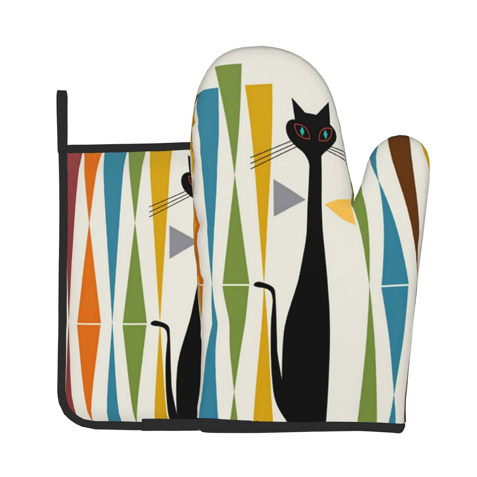 Vintage Mid-Century Modern Cat Art Oven Mitts & Pot Holders Set - Heat Resistant Kitchen Gloves for Cooking, Baking, Grilling - Non-Slip Polyester Hot Pads for Home Chefs & Cat Lovers