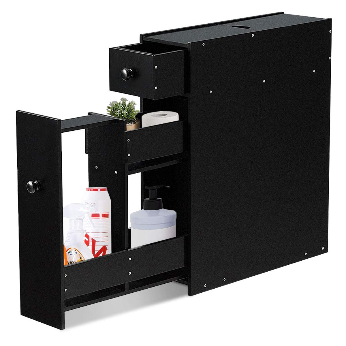 Slim Bathroom Storage Cabinet - Narrow Toilet Paper & Essentials Organizer for Small Spaces, Modern Bathroom Counter Cabinet & Nightstand for Bedroom, Living Room, Office - Space-Saving Storage Solution (Black) | Perfect for Apartments, Dorms & Compact Bathrooms