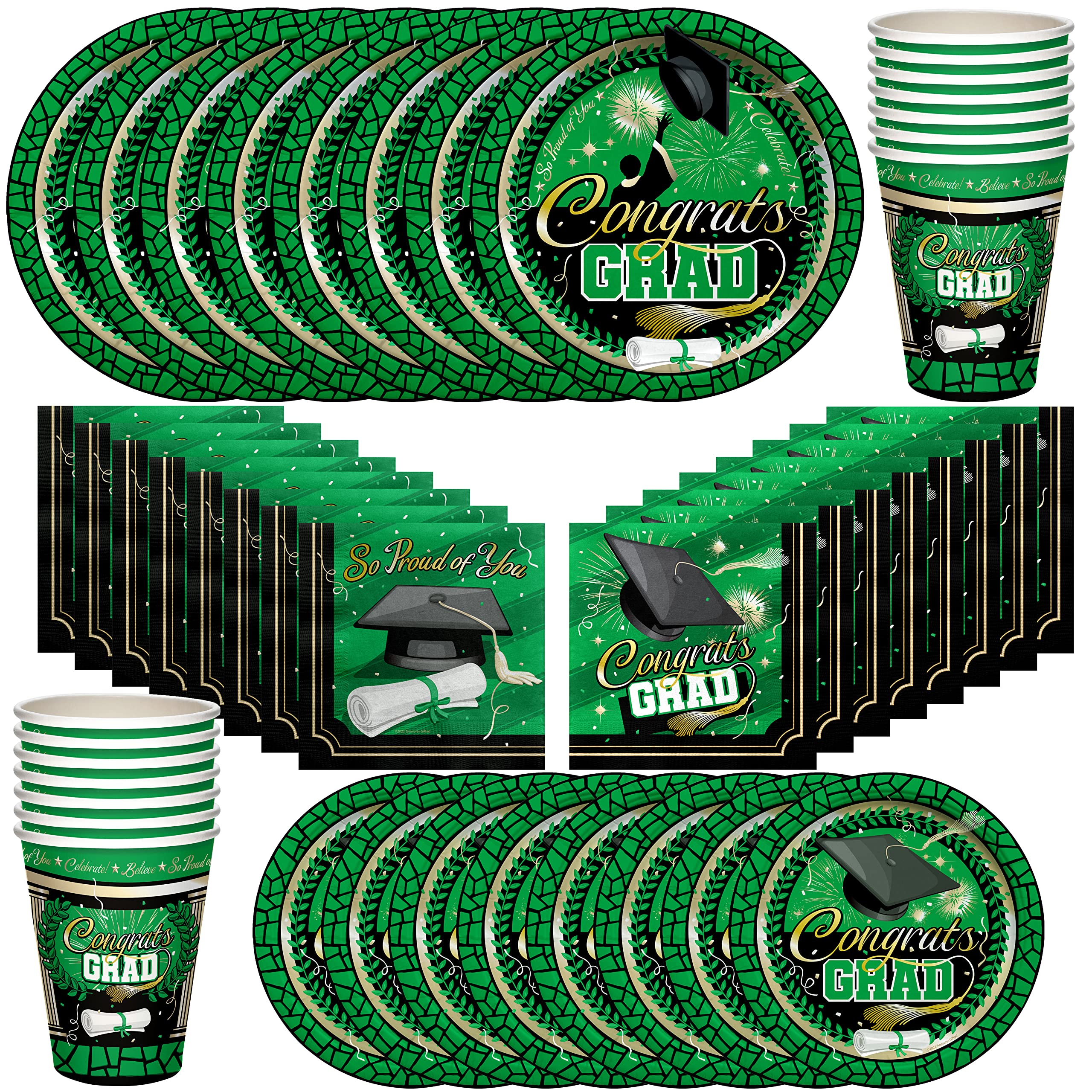 Treasures Gifted Green Graduation Dinnerware Set - 16-Piece Classic Plates, Napkins & Cups for Class of 2025 - Eco-Friendly Grad Party Decorations - Perfect for Graduation Celebrations, Banquets & School Events