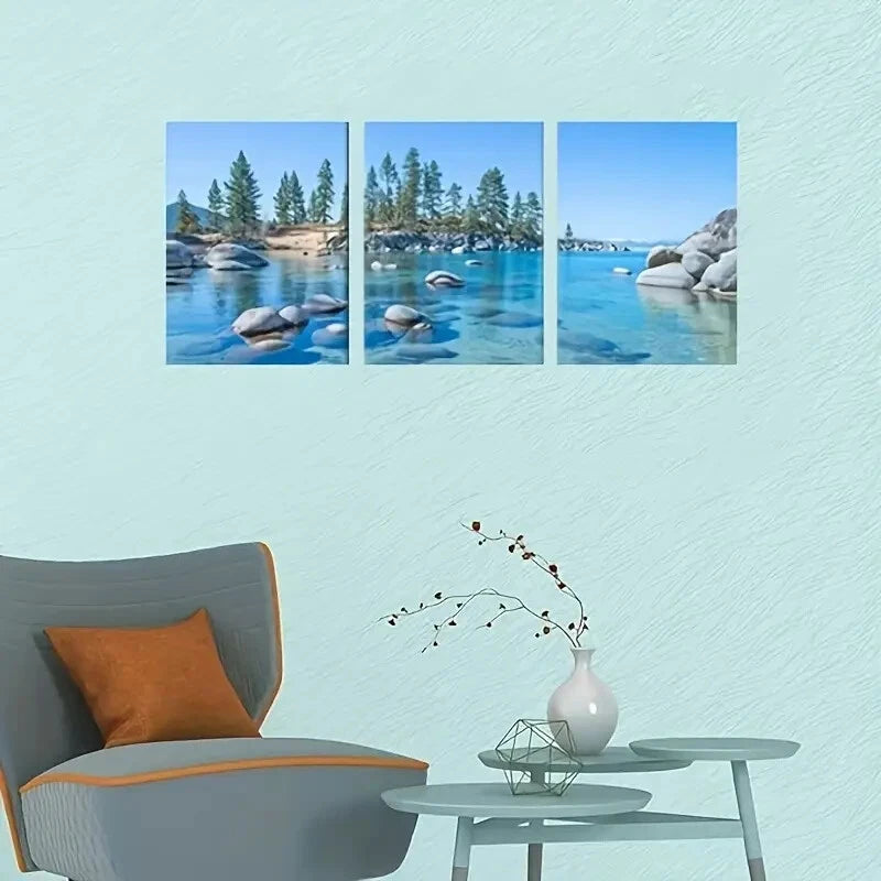 3-Piece Vibrant Forest & Rocky Lake Metal Wall Art Prints - Ready to Hang Nature Landscape Decor for Living Room, Bedroom & Office