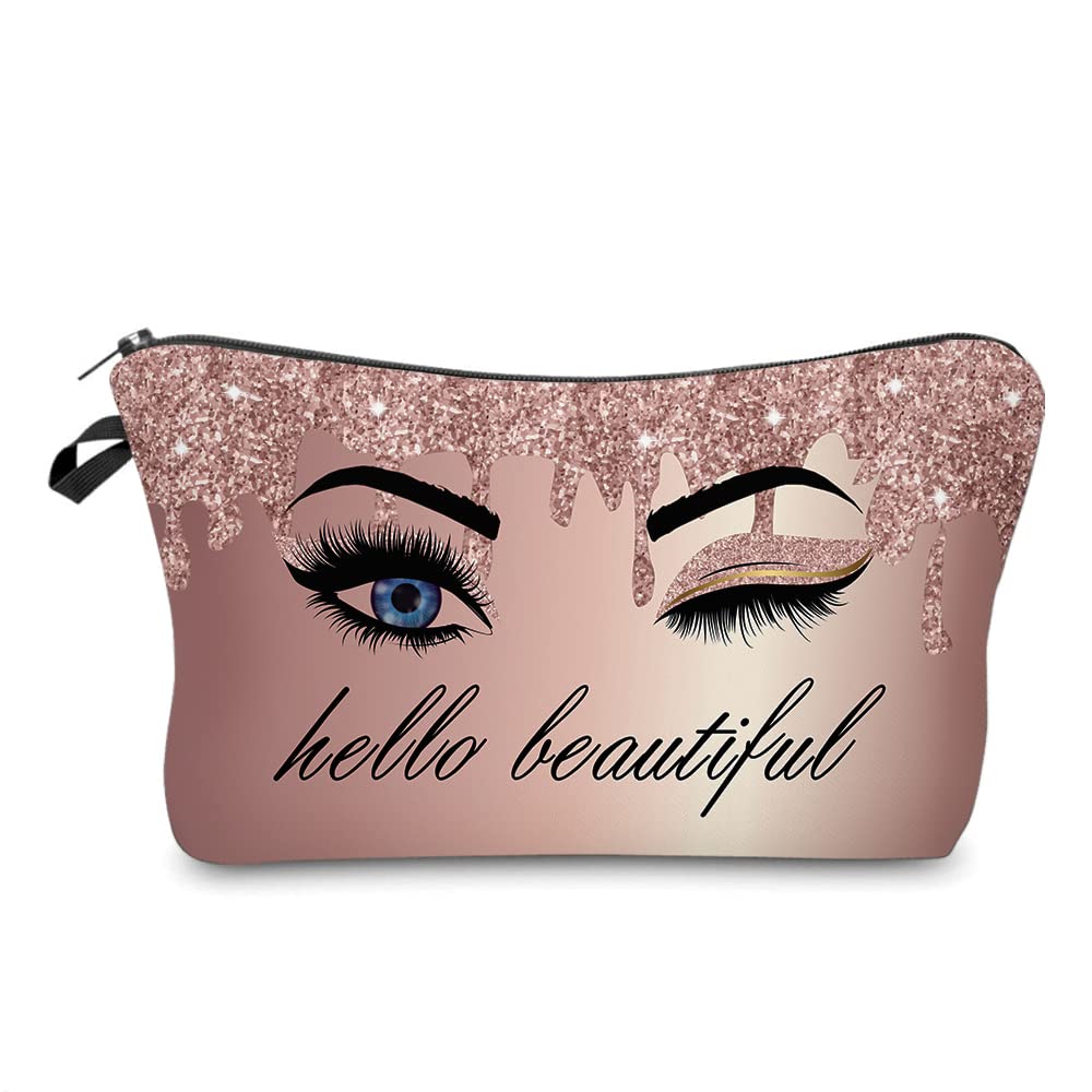 Hello Beautiful Inspirational Makeup Bag for Women - Small Cosmetic Pouch for Purse, Travel Toiletry Organizer, Boho Funny Gift - Perfect for Daily Use, Travel & Gym Accessories