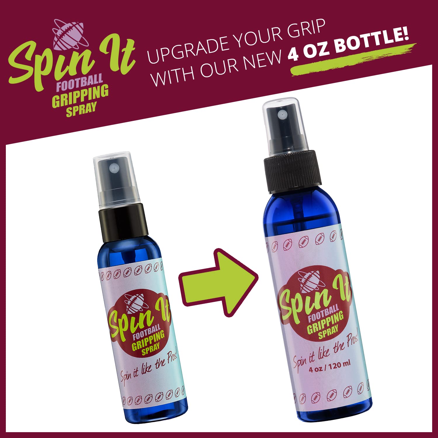 Spin iT Football Grip Spray 4oz - Enhanced Grip for Youth Football with or Without Gloves - Essential Football Training Equipment & Accessories for Better Ball Control in Practice and Games