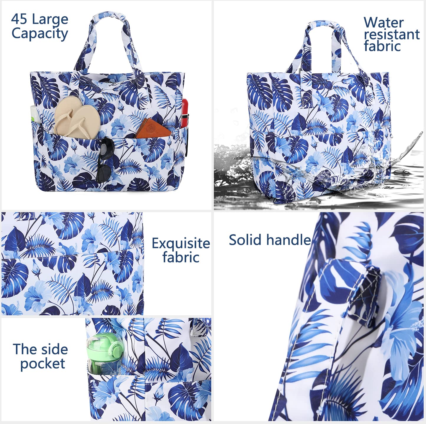 LEDAOU Large Waterproof Beach Tote Bag for Women - Sandproof Zippered Pool & Gym Bag with Wet Pocket - Perfect for Travel, Grocery Shopping & Beach Outings