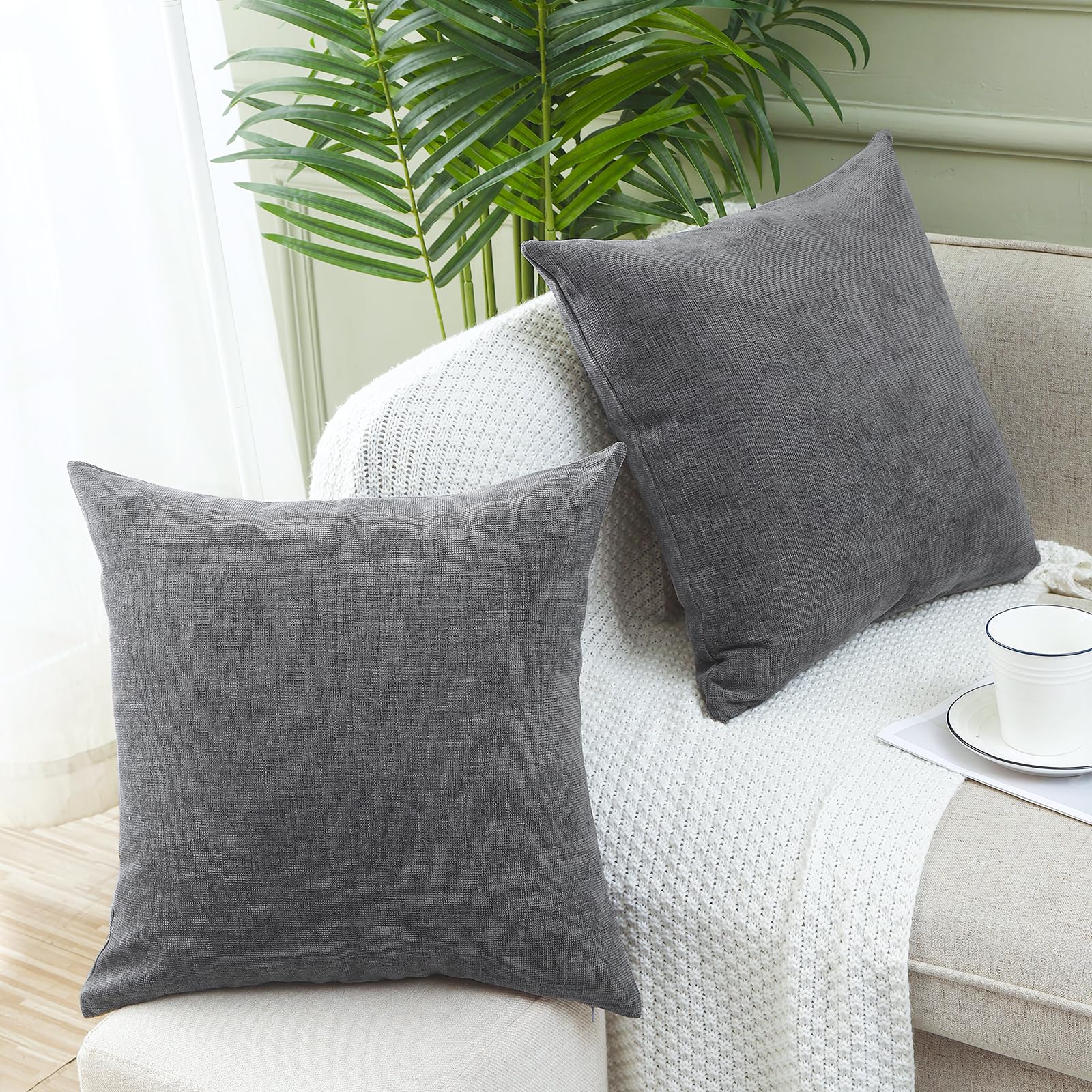 Jepeak Pack of 2 Chenille Decorative Throw Pillow Covers 20x20 Inch - Soft Modern Farmhouse Square Cushion Covers for Sofa, Couch, Bed - Cozy Home Decor in Dimgrey - Perfect for Living Room, Bedroom & Seasonal Decor