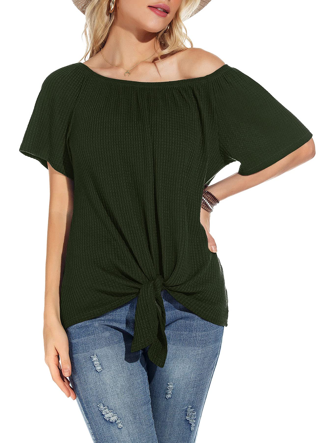 Women's Waffle Knit Off-Shoulder Top - Casual Short Sleeve Blouse with Tie Knot Detail | Summer Loose T-Shirt for Beach, Vacation & Date Night Outfits