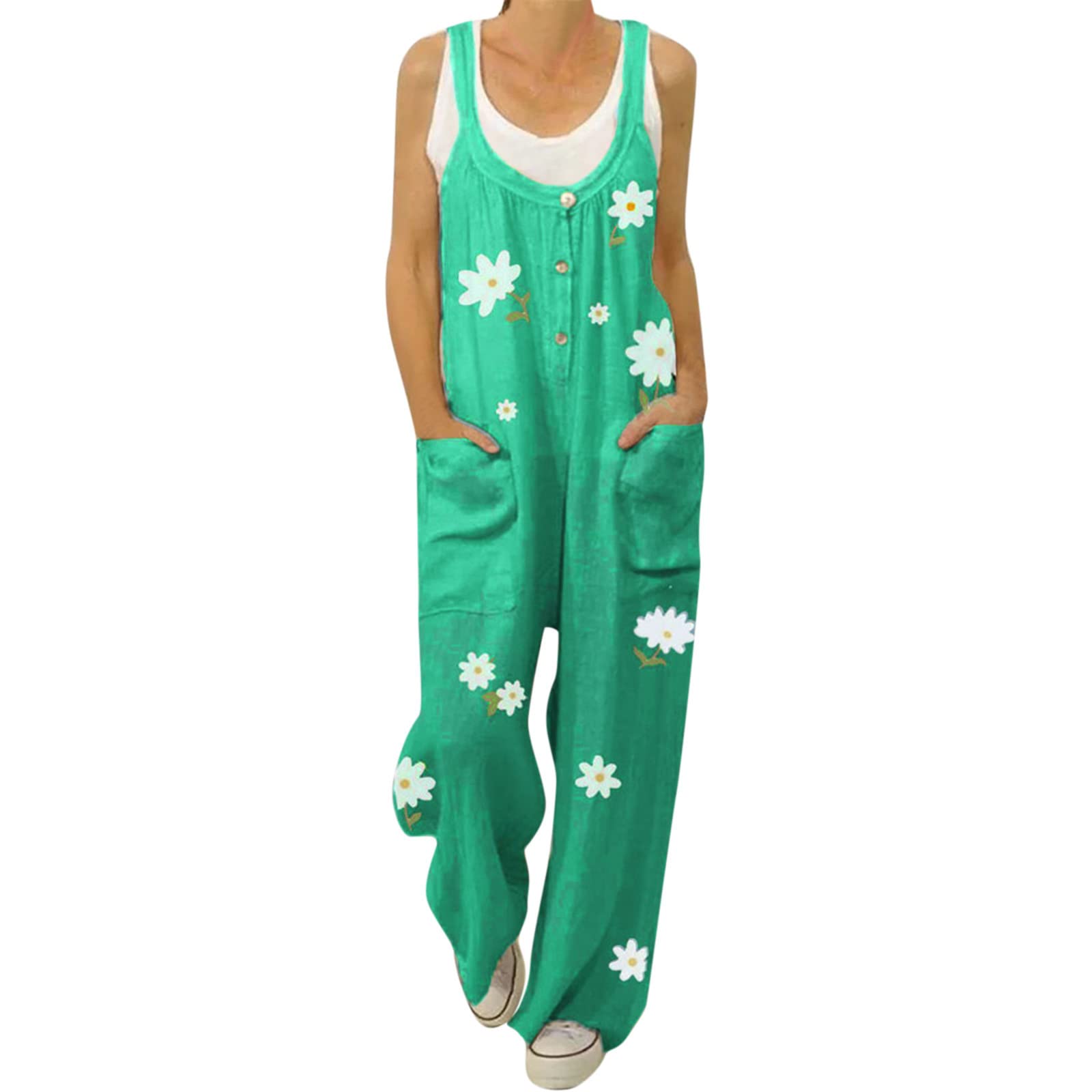 2023 Women's Summer Jumpsuit - Casual Cotton Wide Leg Romper with Pockets | Beach Cover Up, Vacation Outfit, Lounge Wear (Green, XL)