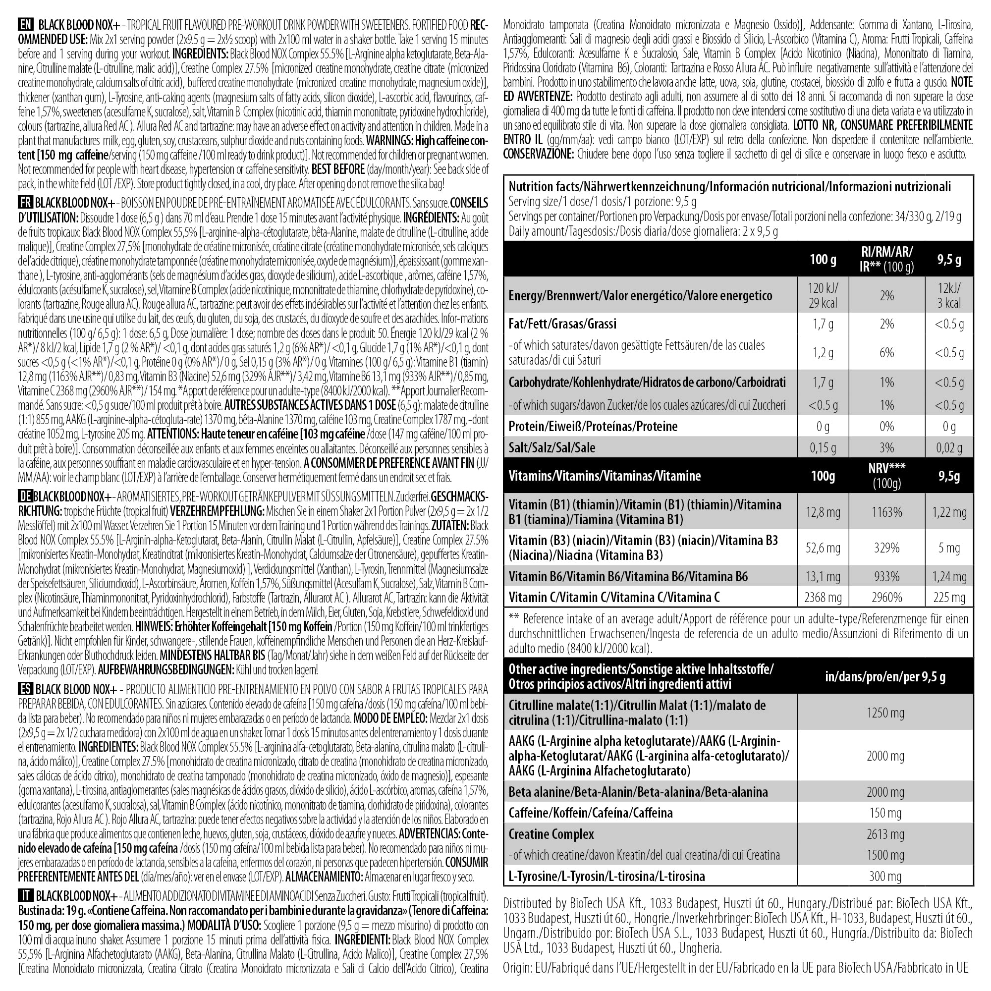 BioTechUSA Black Blood NOX+ Pre-Workout Supplement - Tropical Fruit Flavor, 330g (EAN 5999076232369) | Energy Booster for Gym & Fitness Training | Muscle Performance Enhancer