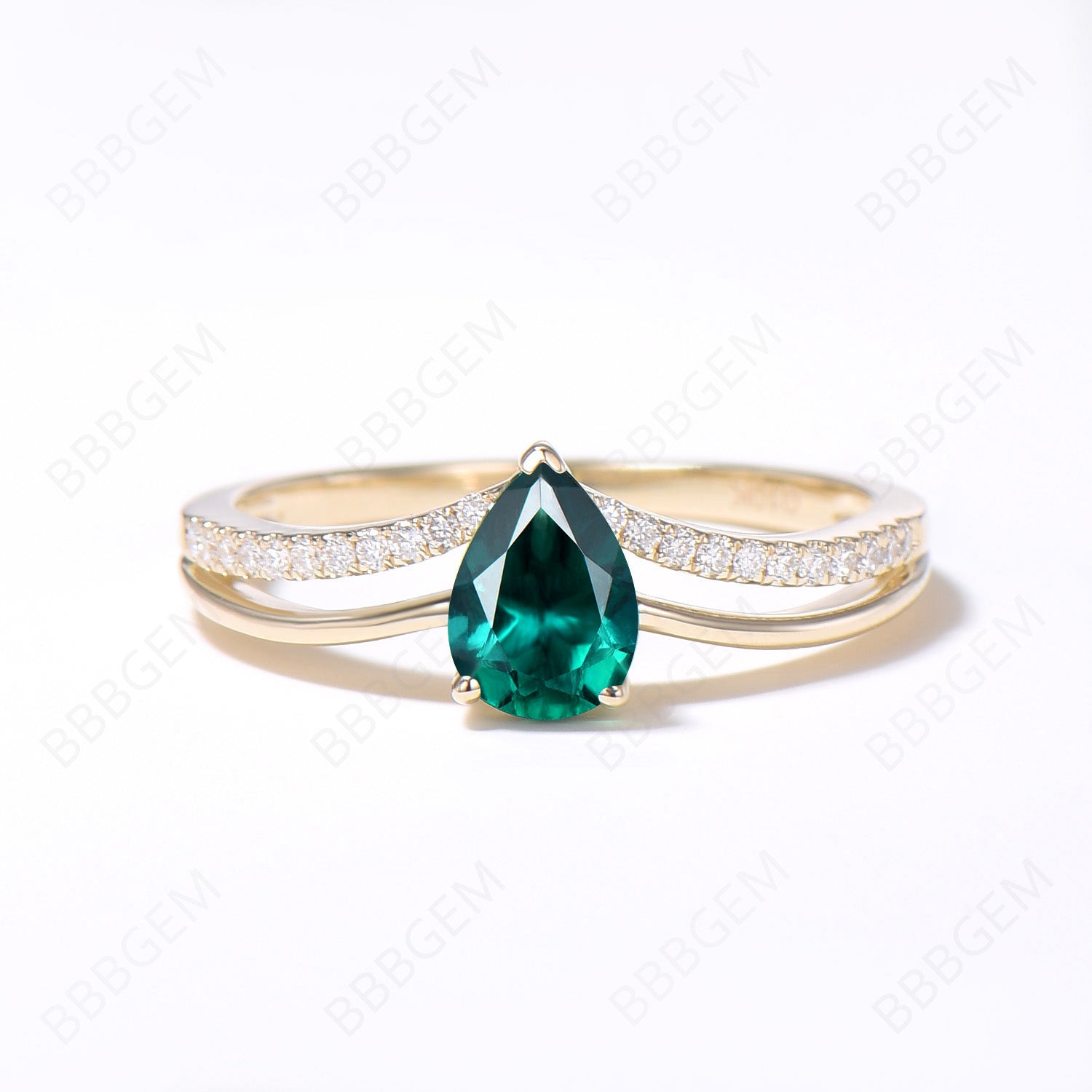 5x7mm Pear Shaped Emerald Bridal Ring Set - 14k Gold May Birthstone Ring with Diamond Accents, Unique Split Shank Branch Leaf Design for Wedding, Proposal Gift - Perfect for Engagement, Anniversary & Special Occasions