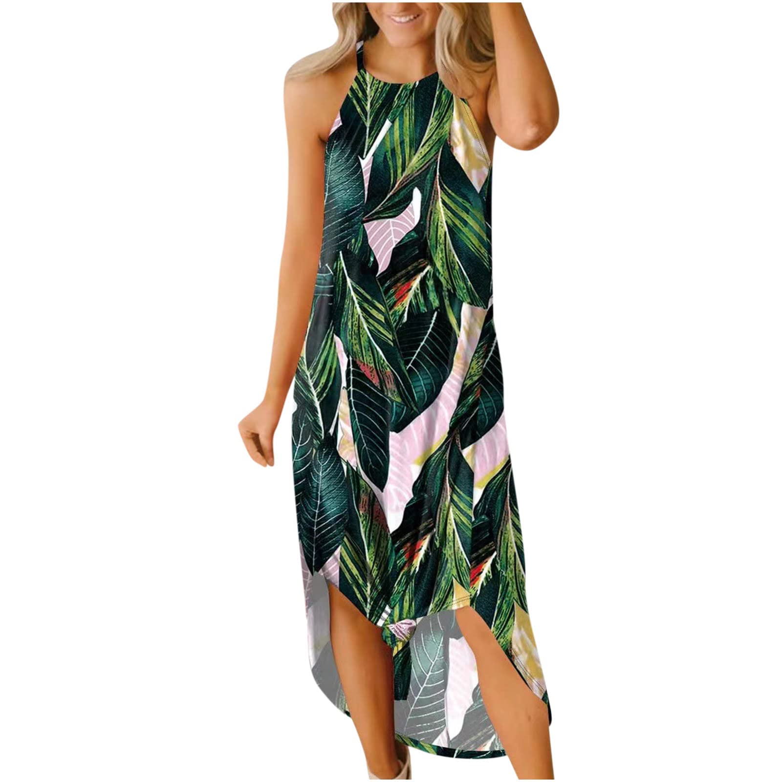 Sexy Green Strappy Sleeveless Midi Dress for Women - Summer & Fall Fashion 2022 - Crewneck Graphic Vest Top with Slit Detail | Perfect for Date Nights, Parties & Casual Outings