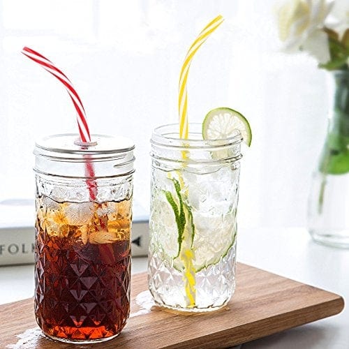 30 Pack Reusable Plastic Straws BPA Free - 9 Colorful Printed Hard Plastic Striped Drinking Straws for Mason Jars, Tumblers, Family Gatherings & Parties - Includes Cleaning Brush (Random Patterns, Bent) - Perfect for Smoothies, Cocktails & Iced Coffee Drinks
