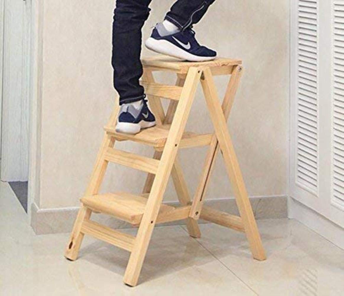 3-Step Folding Wooden Stool - Portable Ladder Chair, Step Stool for Kitchen, Home, and Garden - Perfect as Flower Stand, Seat, or Utility Stool for Indoor & Outdoor Use