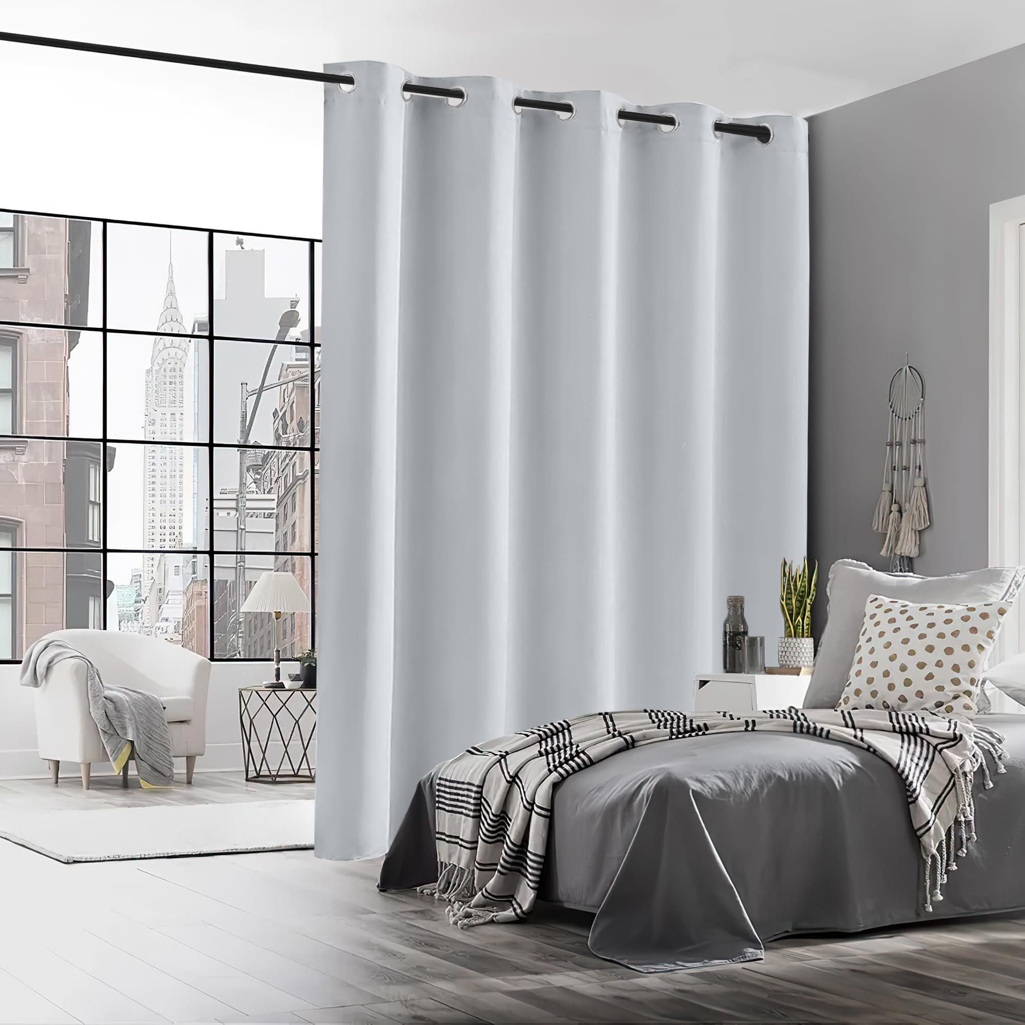 RYB HOME Blackout Curtains for Bedroom - 70x84 Inch Room Darkening Window Drapes, Soundproof Thermal Insulated Curtain Panels for Living Room, Nursery & Office - Light Gray Privacy Dividers for Indoor/Outdoor Use (1 Panel) - Perfect for Home Theater, Nursery Nap Time & Office Privacy