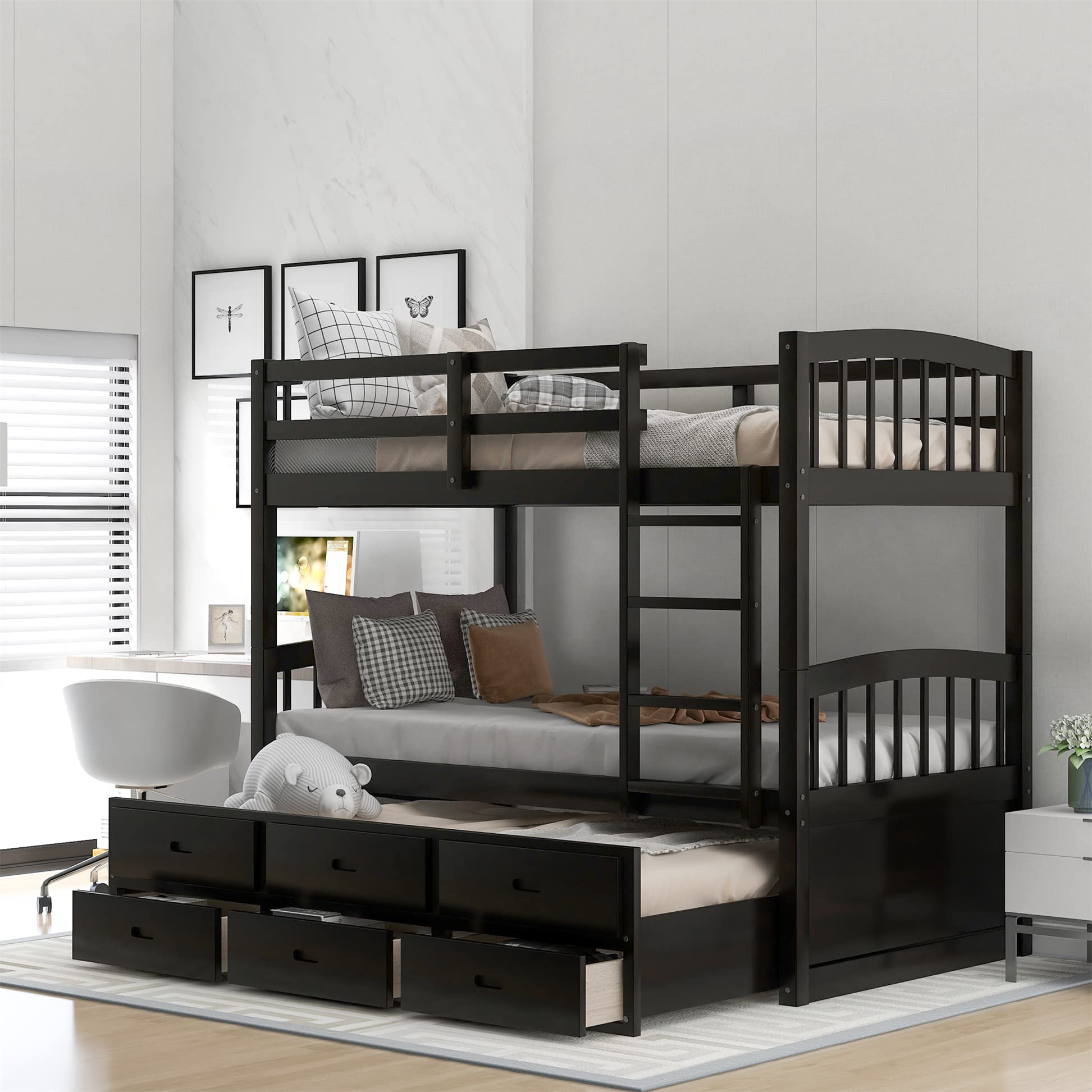 Harper & Bright Designs Solid Wood Twin Over Twin Bunk Bed with Trundle - 3 Storage Drawers, Safety Rail, Convertible to 2 Beds - No Box Spring Needed (Espresso) - Perfect for Kids' Bedroom, Guest Room & Space-Saving Solutions