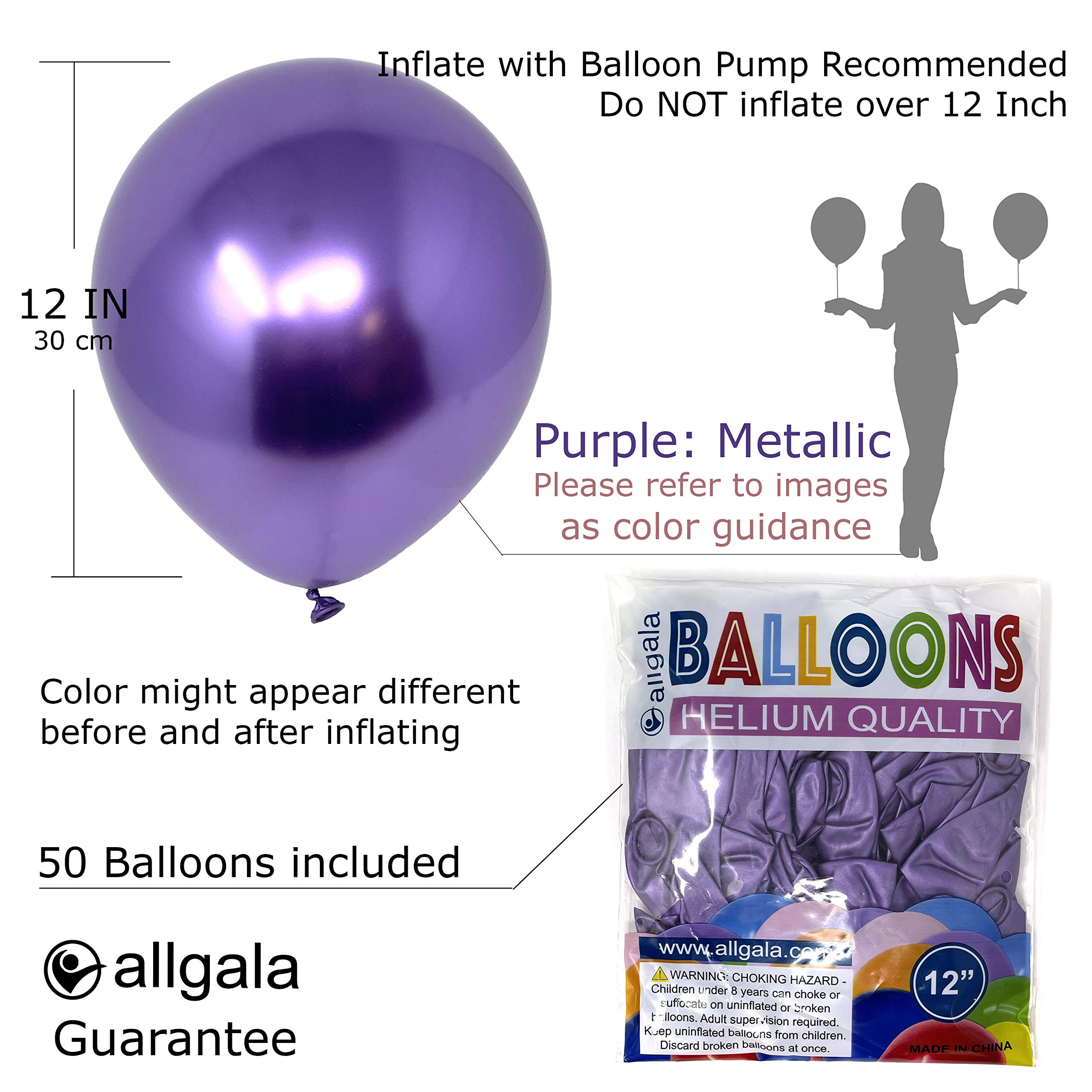 Allgala 12 Inch 50 Count 2.8g Heavy Metallic Chrome Latex Balloons - Purple (BL52088) for Birthday Parties, Weddings & Special Events