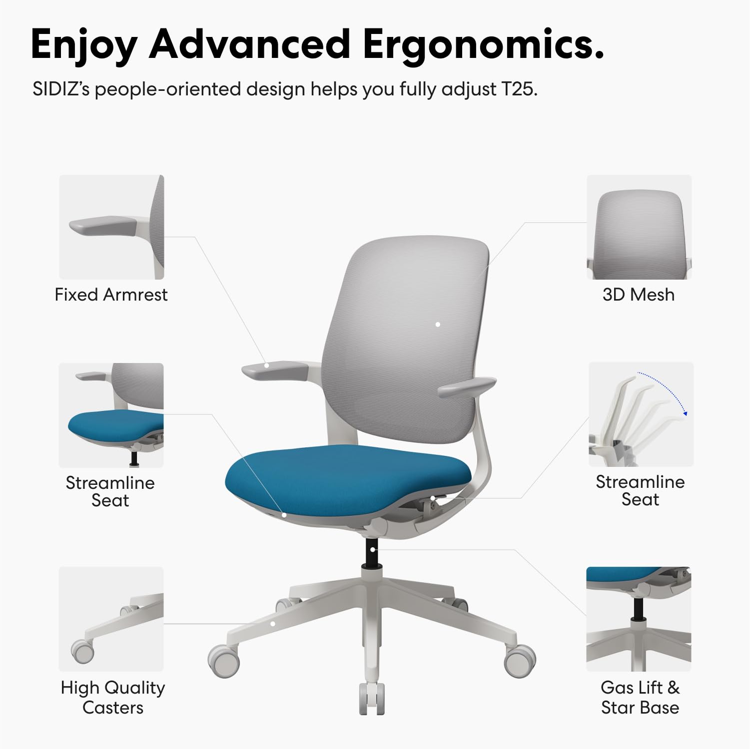 SIDIZ T25 Compact Ergonomic Office Chair for Petite Women - Adjustable Height Mesh Computer Chair with Auto Tilt - Home & Gaming Desk Chair for Small Spaces (White Mesh/Blue Seat) - Perfect for Home Office, Study & Small Workspaces