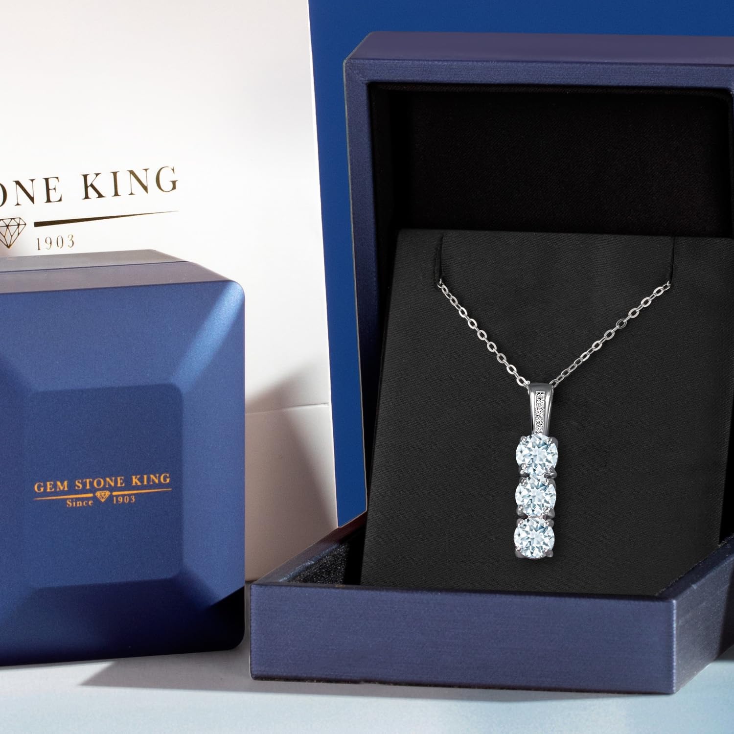Gem Stone King Diamond & 3 Gemstone Birthstone Pendant Necklace for Women - 925 Sterling Silver Three Stone Pendant with 18