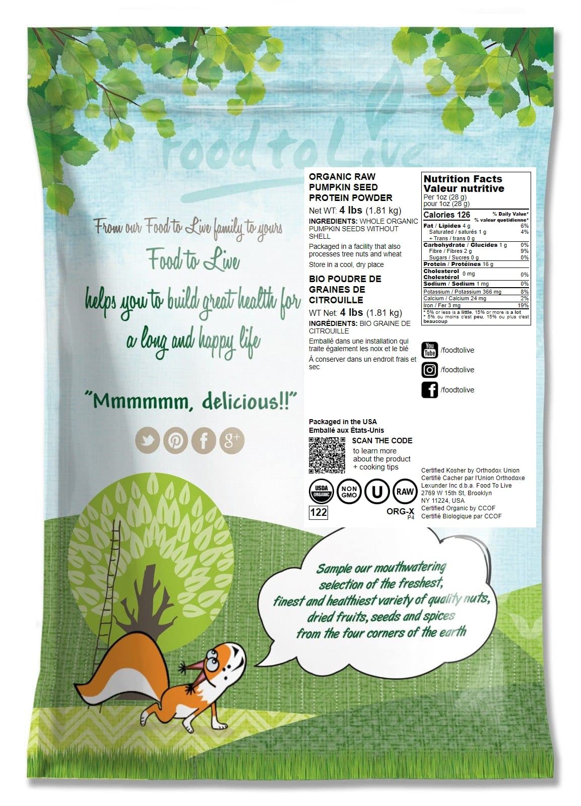 Organic Pumpkin Seed Protein Powder by Food to Live – 4lbs, 60% Protein, Non-GMO, Vegan, Kosher, Non-Irradiated | Pure Superfood for Baking, Smoothies, Protein Shakes & Healthy Recipes – Bulk Pack for Home & Commercial Use