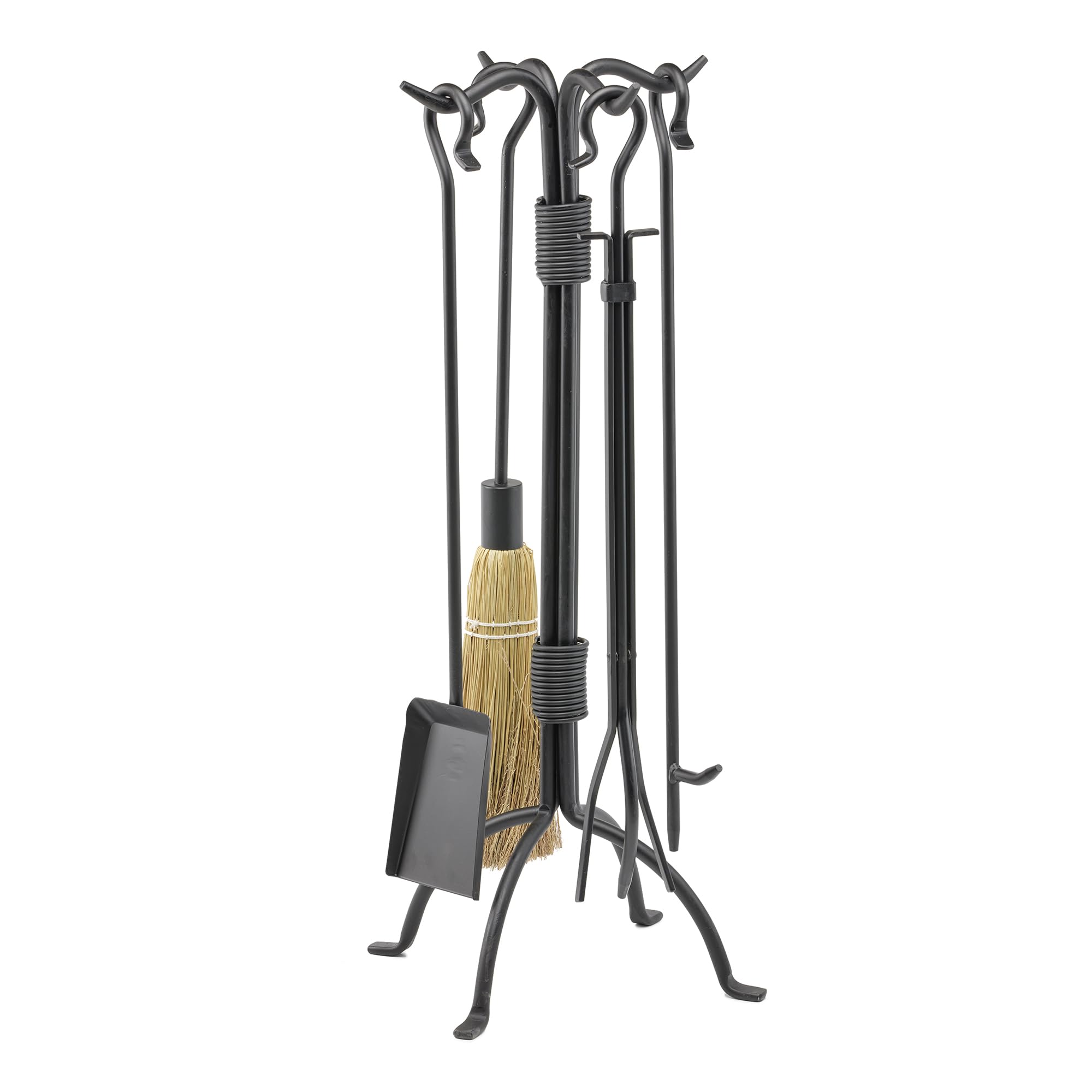 Uniflame 5-Piece Black Wrought Iron Fireplace Tools Set with Center Weave - Durable Fireplace Accessories for Indoor & Outdoor Fire Pits, Fireplaces, and Wood Stoves