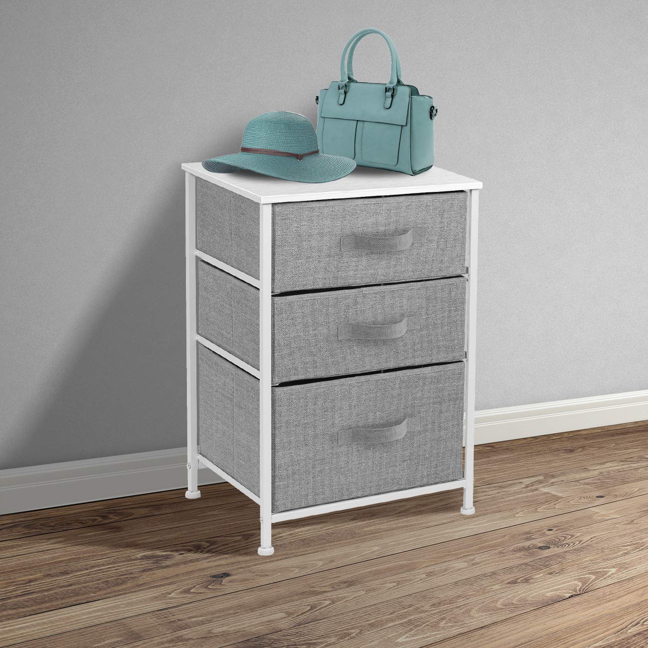 Sorbus 3-Drawer Nightstand with Steel Frame & Wood Top - Easy Pull Fabric Bins, Compact Bedside Table for Bedroom, Home & Office - Perfect for Storage, Reading Lamps & Bedroom Organization