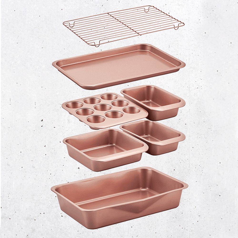 Rose Gold Smart Stack Bakeware 7-Piece Set - Nonstick Oven Safe Baking Pans for Cakes, Cookies & Muffins - Perfect for Home Baking, Parties & Gift Giving