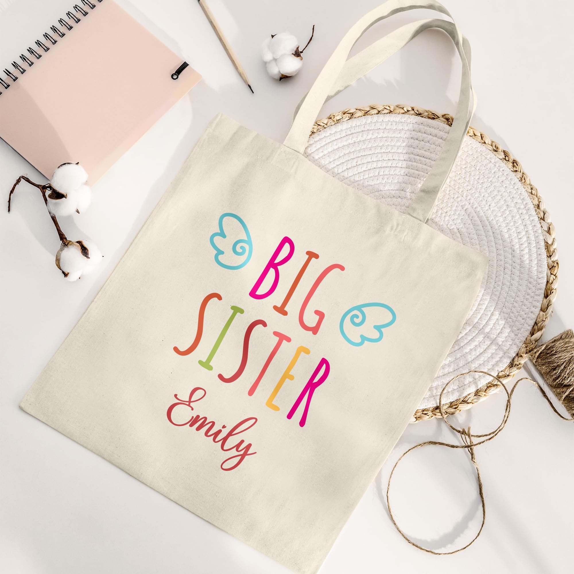Personalized Baby Shower Gifts for Big Sister - Custom Name & Little Wings Canvas Tote Bag - Unique Present for Soon-to-Be Sister, Daughter, Granddaughter, Niece (Design 06, Beige, Medium) - Perfect for Baby Showers, Birthday Gifts & Special Occasions