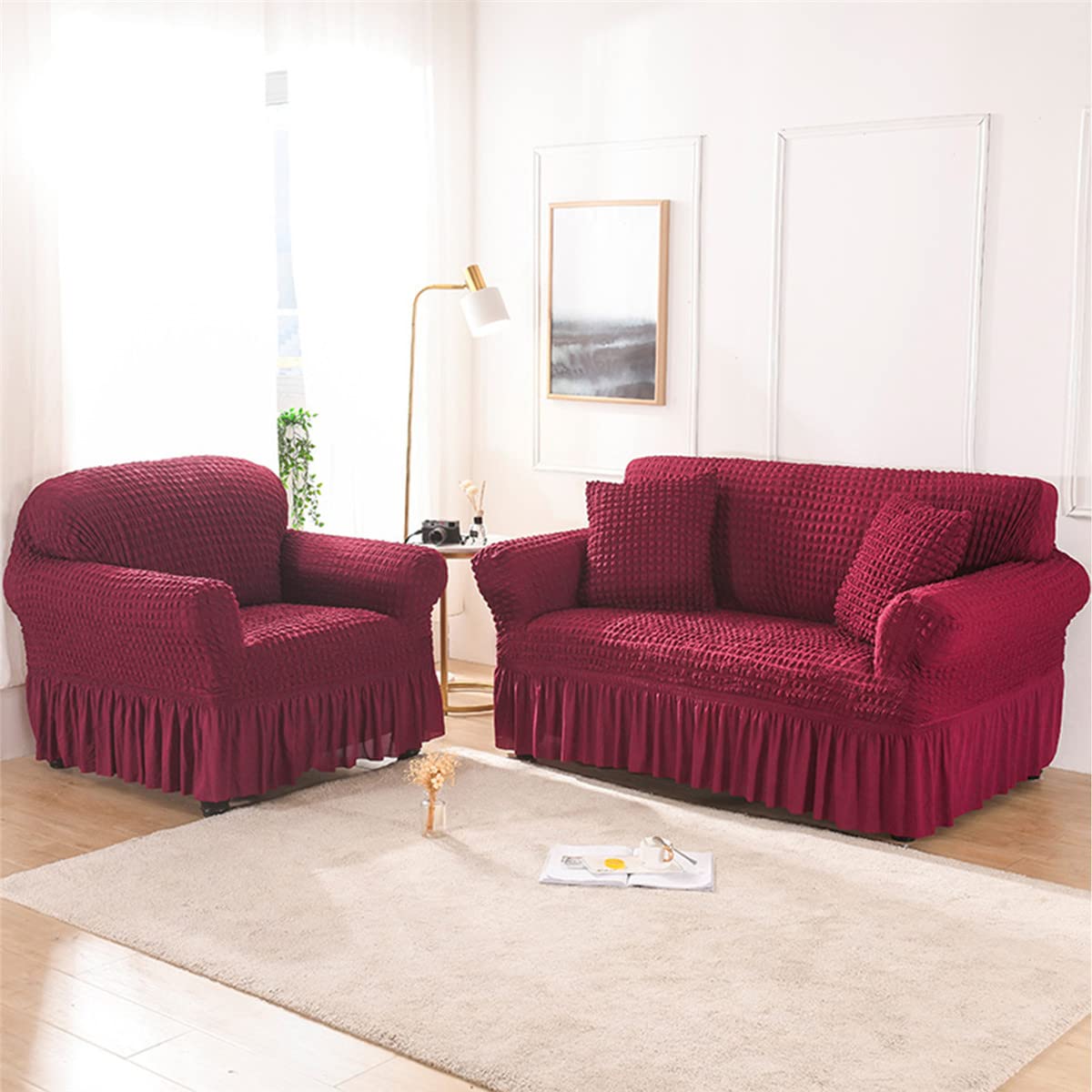 Qubjus Stretch Sofa Slipcover - Washable Couch & Sofa Bed Cover with Elastic Bottom & Skirt - Easy Fit Furniture Protector (Burgundy, Large) - Perfect for Living Room, Bedroom & Home Decor Protection