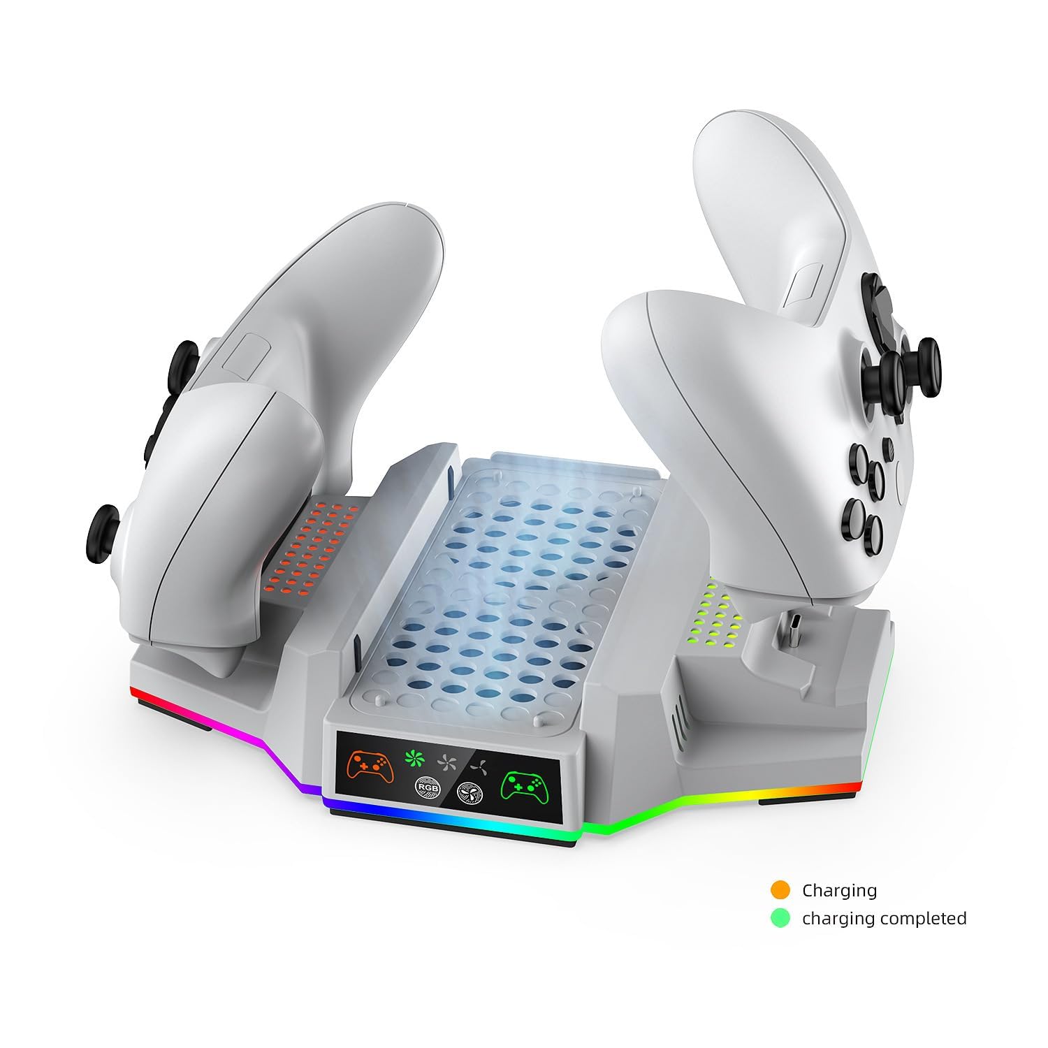 Xbox Series S Cooling Stand with RGB Lights - Dual Controller Charger & Cooling Fan Accessory - Includes 2 Rechargeable Battery Packs (White) - Perfect for Gaming Sessions & Console Protection