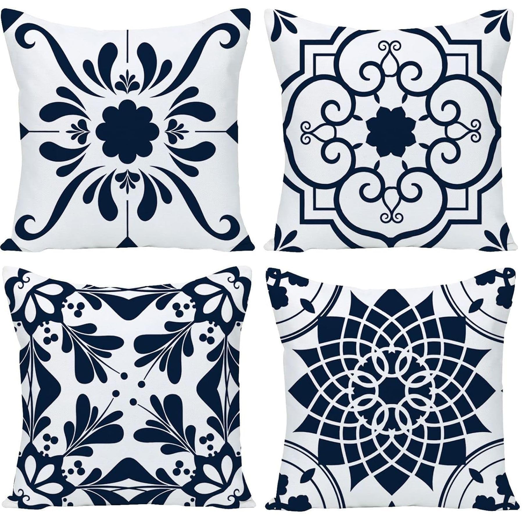 Geometric Navy Blue Floral Throw Pillow Covers 18x18 Inch Set of 4 - Abstract Blue Flower Square Cushion Covers for Sofa, Couch, Bedroom & Patio Decor - Perfect for Living Room, Home Staging and Cozy Interior Design