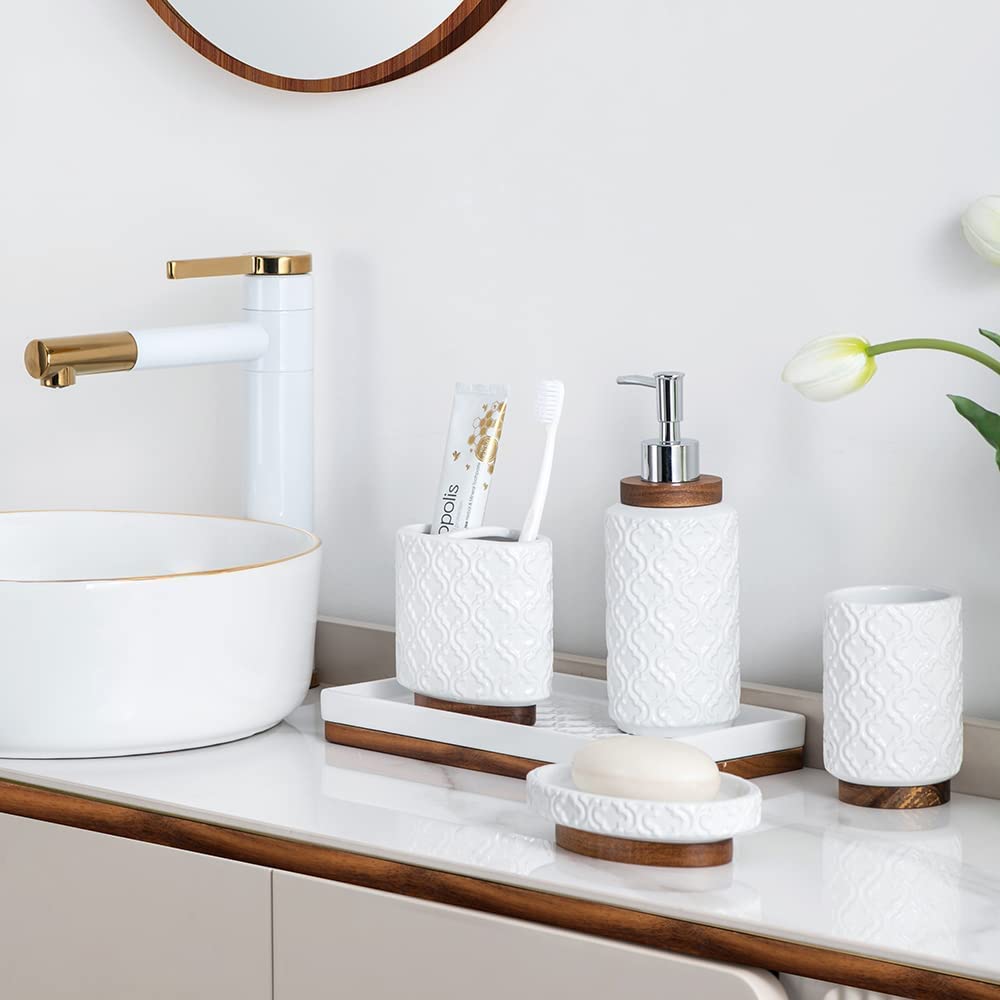 Premium 6-Piece Ceramic & Wood Bathroom Accessories Set - Toothbrush Holder, Soap Dispenser, Tray, Tumbler, Soap Dish & Trash Can in Elegant White | Modern Bathroom Organization for Homes, Hotels & Guest Rooms