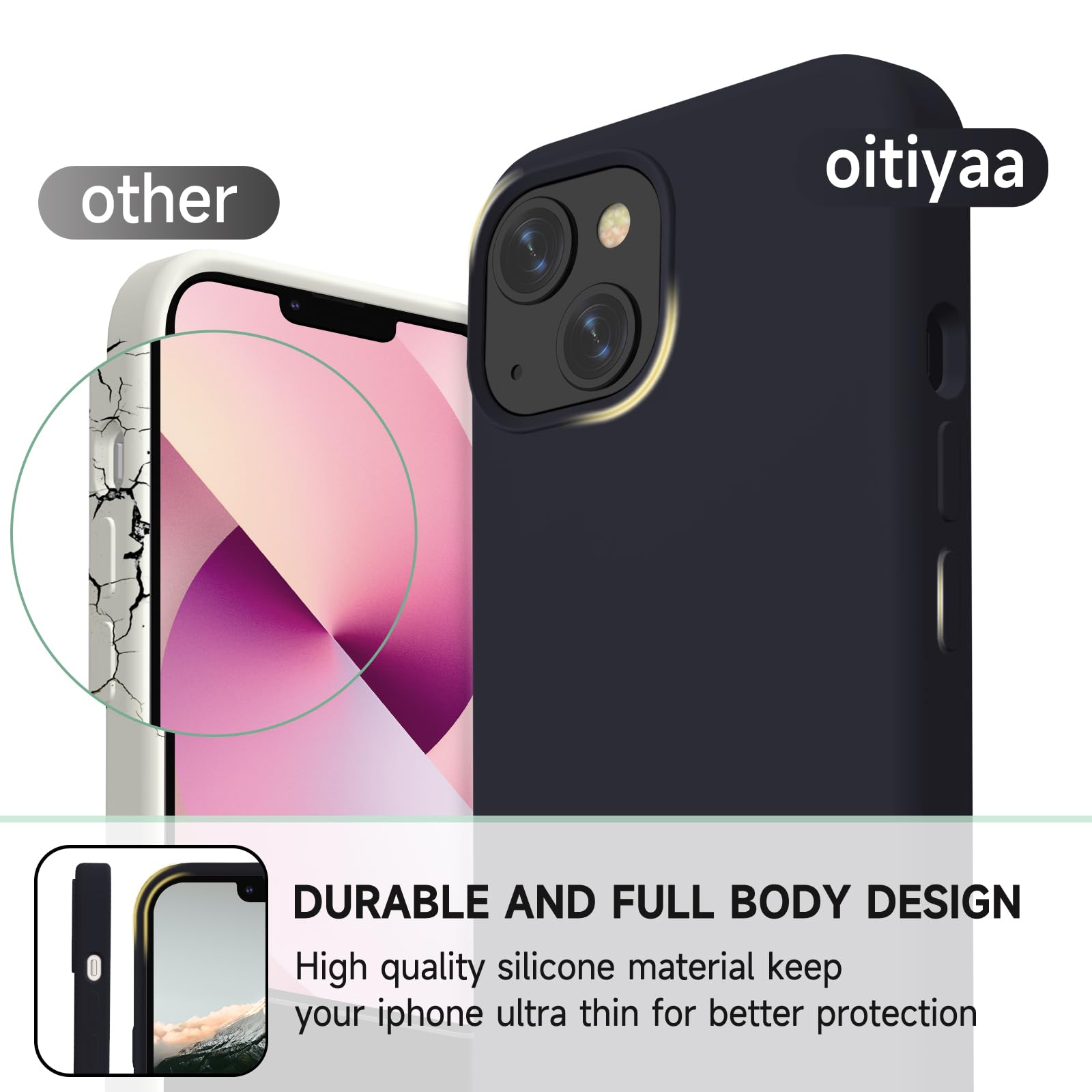 OitiYaa Ultra Slim Shockproof Liquid Silicone Case for iPhone 14 (6.1 inch) - Soft Anti-Scratch Microfiber Lining Protective Phone Cover - Perfect for Daily Use, Travel & Outdoor Activities - Black