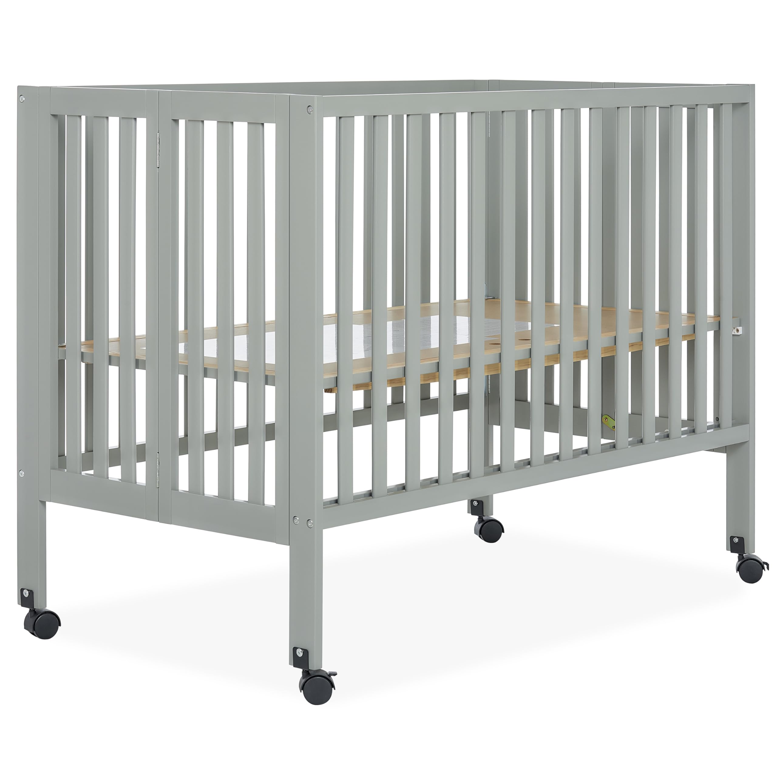 Dream On Me Quinn Full-Size Folding Crib - Cool Grey | Removable Wheels & Adjustable Mattress Support | Modern Nursery Essential | Portable Baby Bed with Patented Folding System | Perfect for Travel, Small Spaces & Guest Rooms