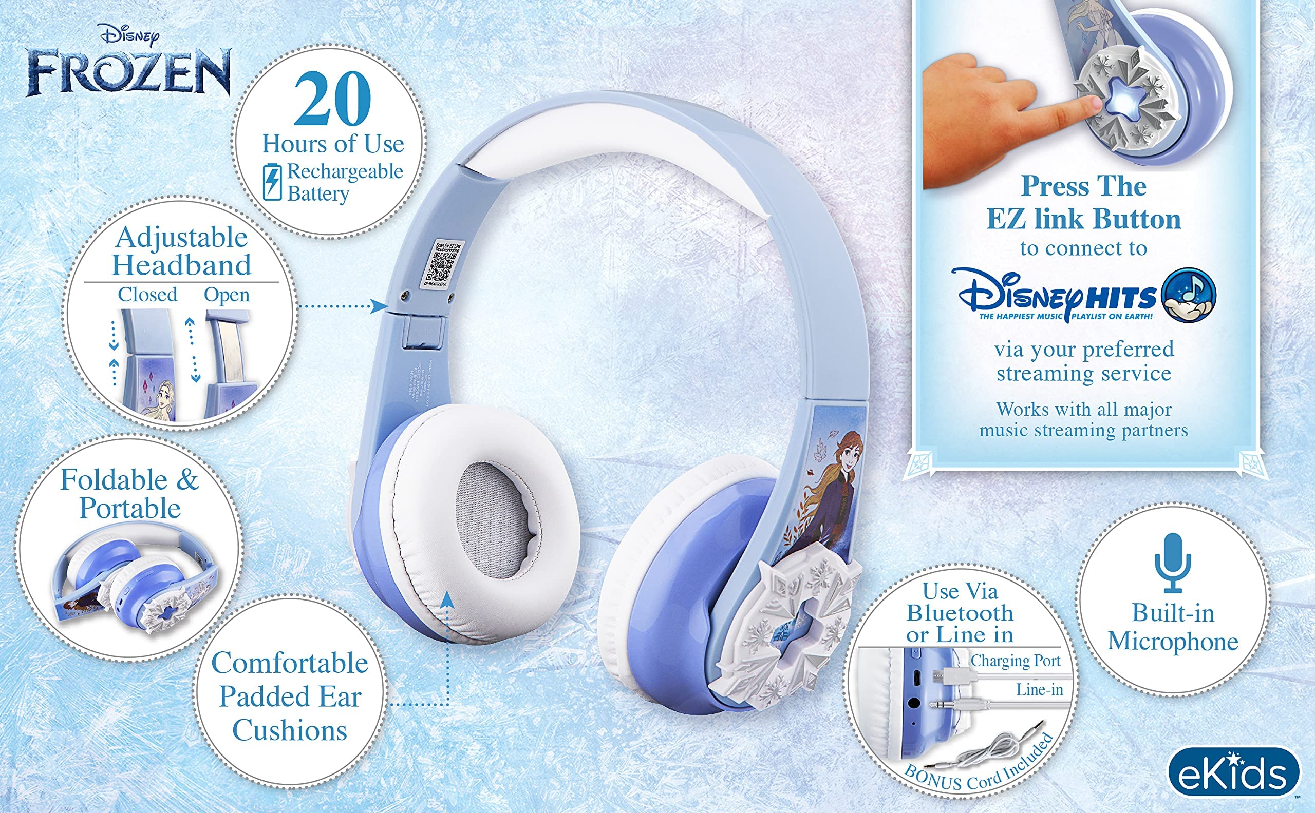 Disney Frozen Bluetooth Headphones for Kids - Wireless Headset with Built-in Mic & AUX Cable, EZ Link Technology, Lightweight Over-Ear Design for School, Home, Travel | Perfect for Online Learning, Gaming & Movie Watching